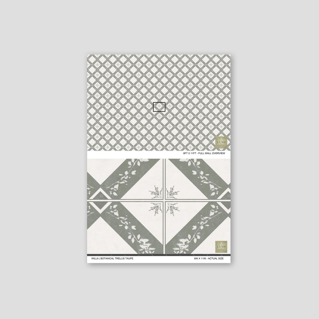 Botanical trellis taupe wallpaper with geometric floral patterns.