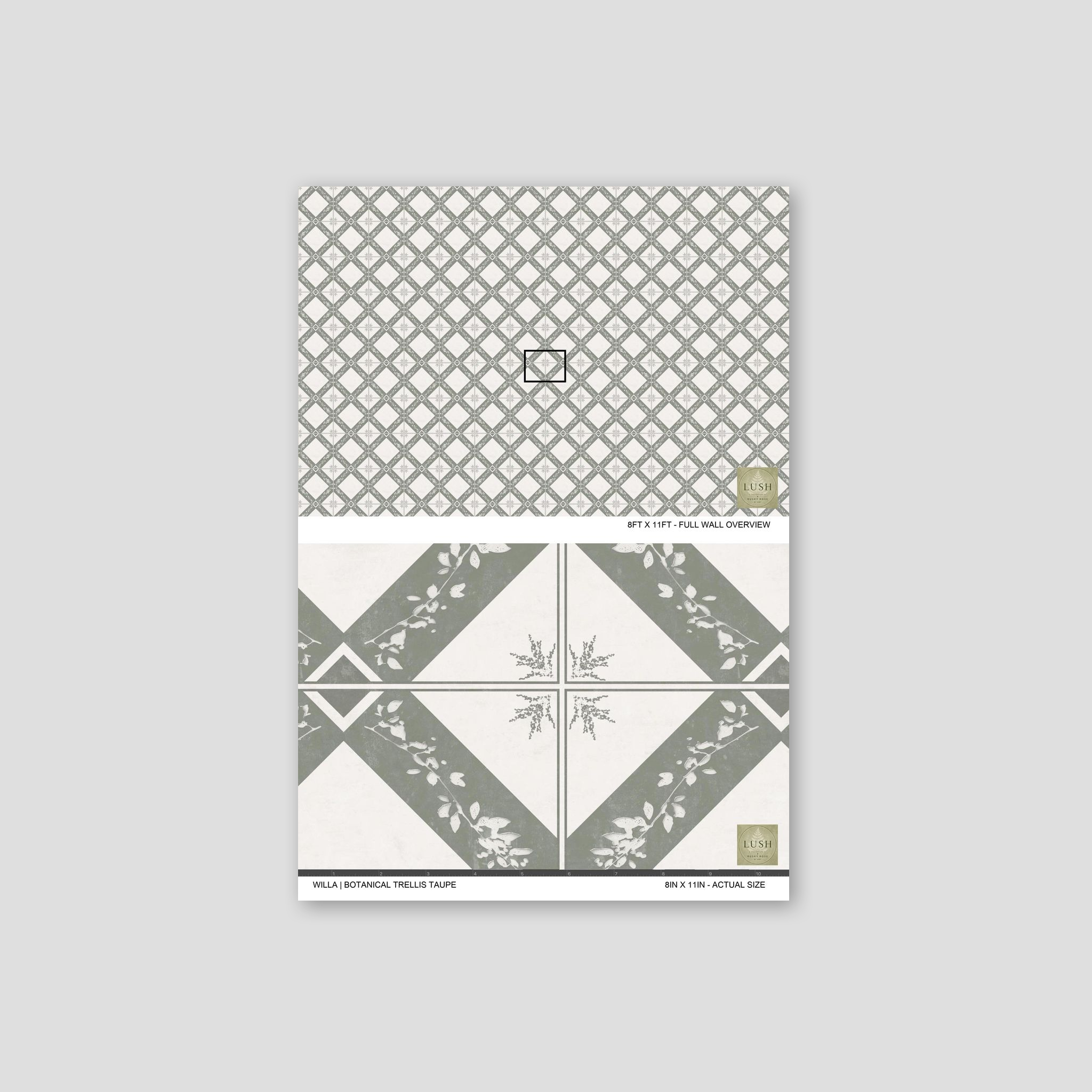 Botanical trellis taupe wallpaper with geometric floral patterns.