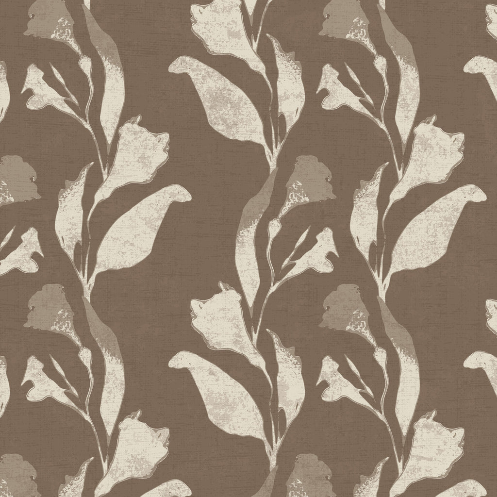 Botanical vine cream on taupe wallpaper with abstract floral motifs.