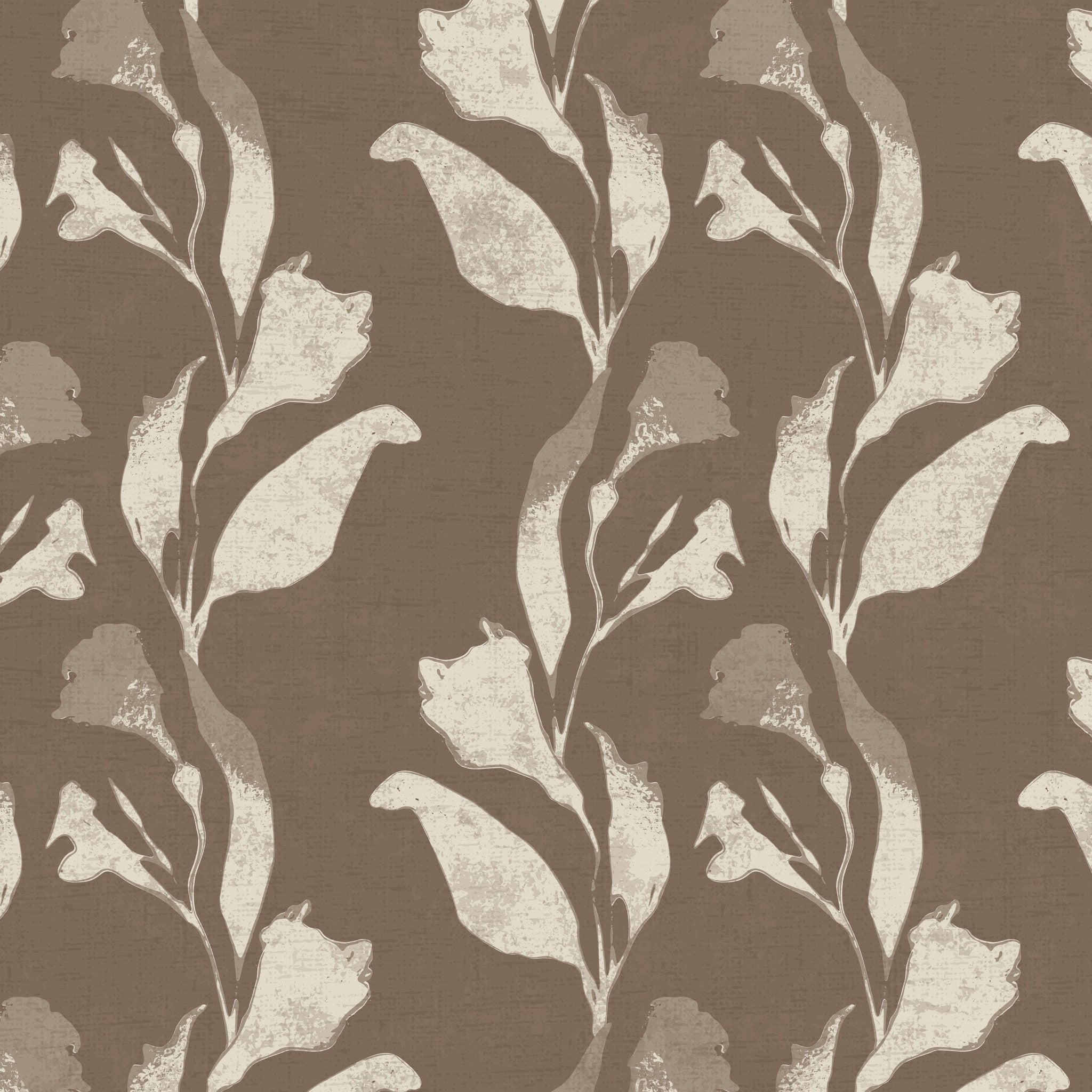 Botanical vine cream on taupe wallpaper with abstract floral motifs.