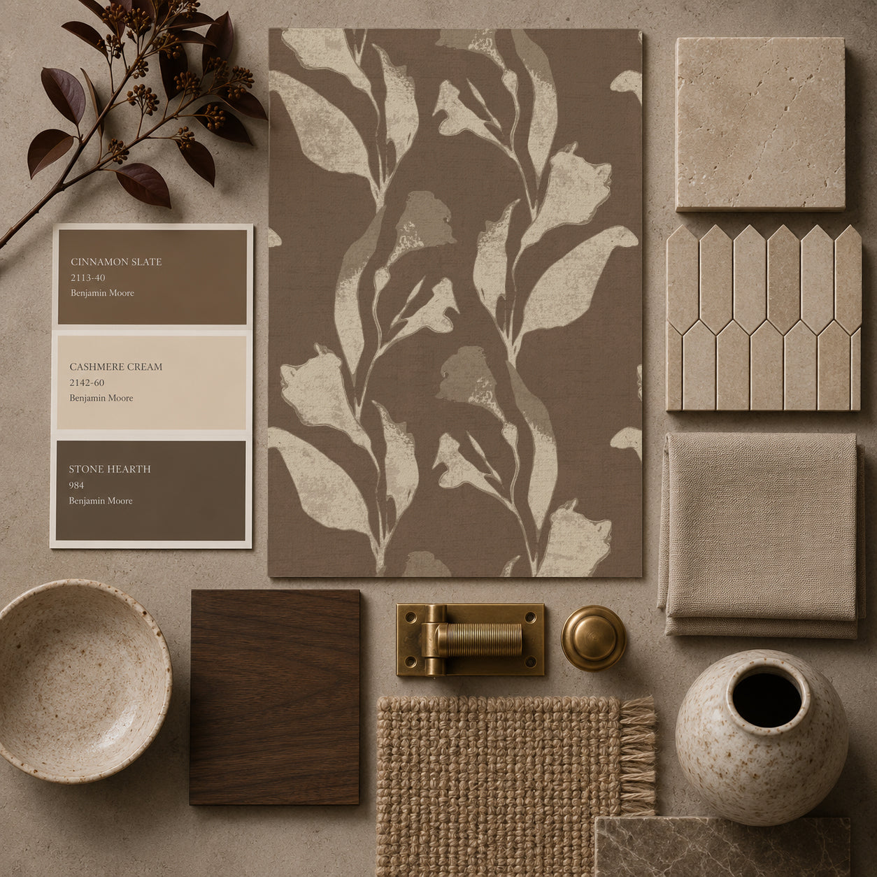 Botanical vine cream on taupe wallpaper with earthy decor samples.