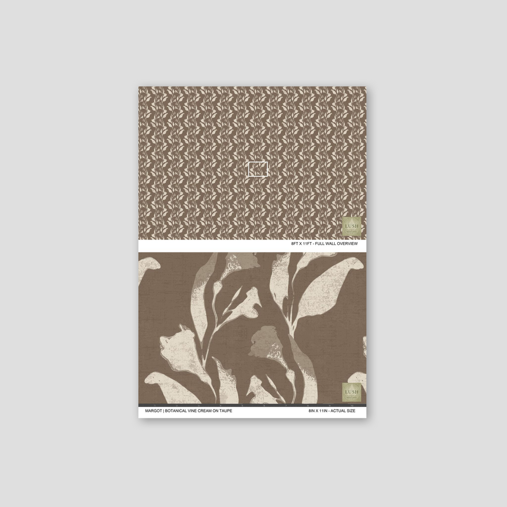 Botanical vine cream on taupe wallpaper with floral motifs.