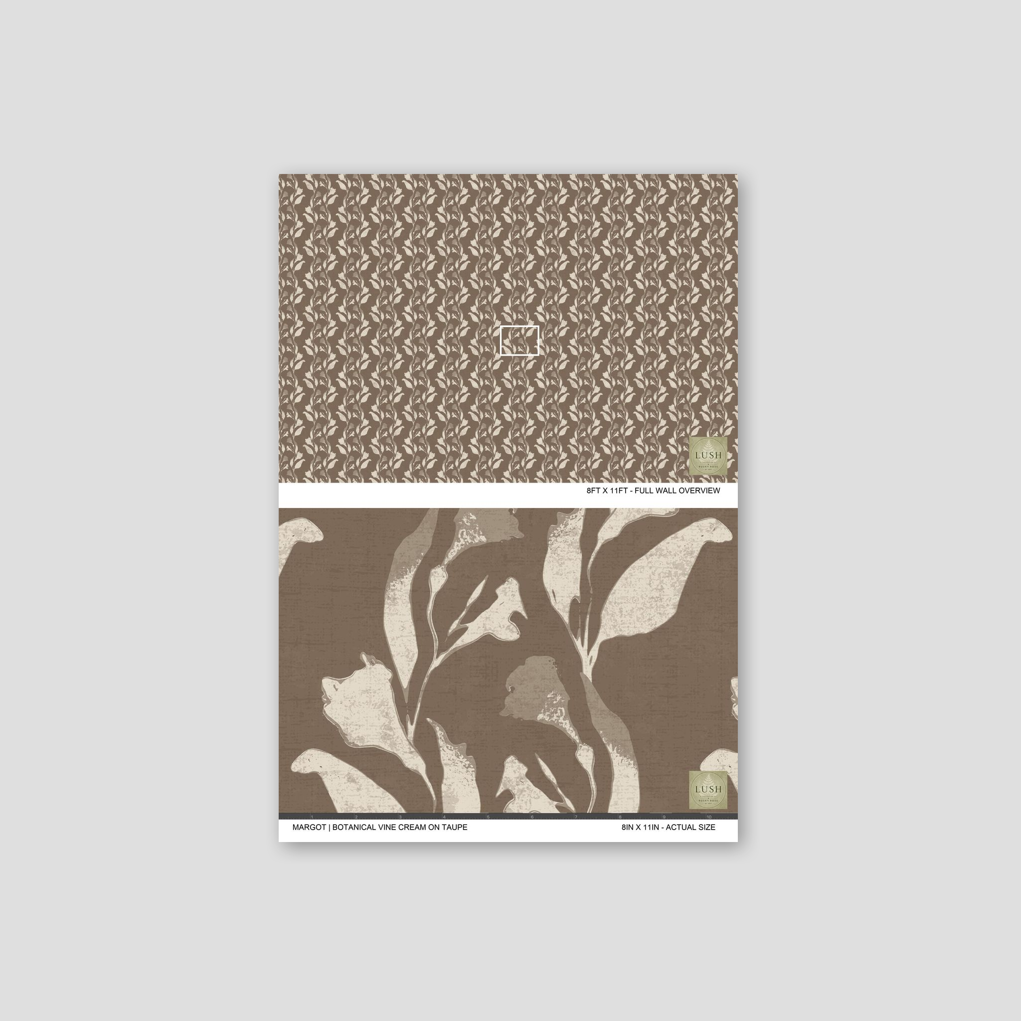 Botanical vine cream on taupe wallpaper with floral motifs.