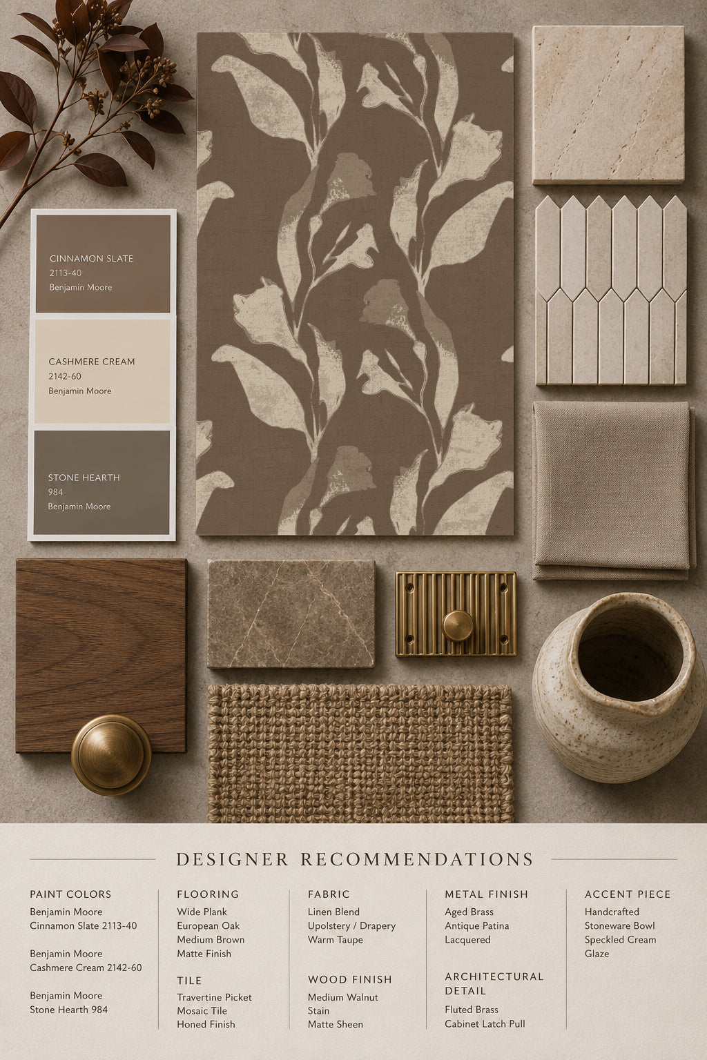 Botanical vine cream on taupe wallpaper with design elements and materials.