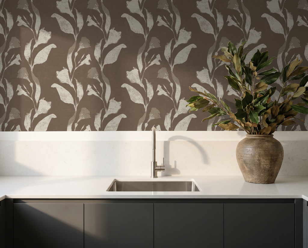 Botanical vine cream on taupe wallpaper in modern kitchen setting.