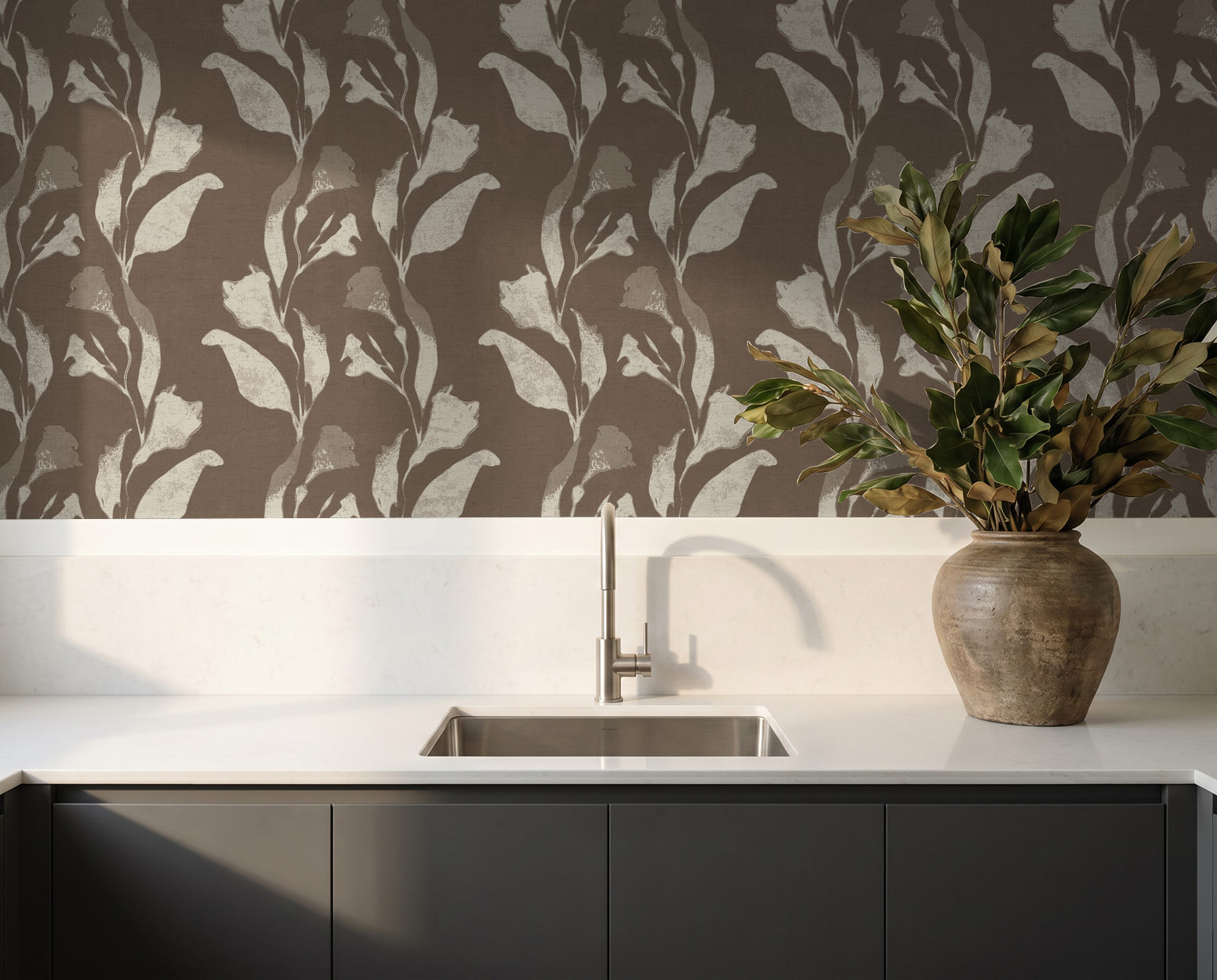 Botanical vine cream on taupe wallpaper in modern kitchen setting.