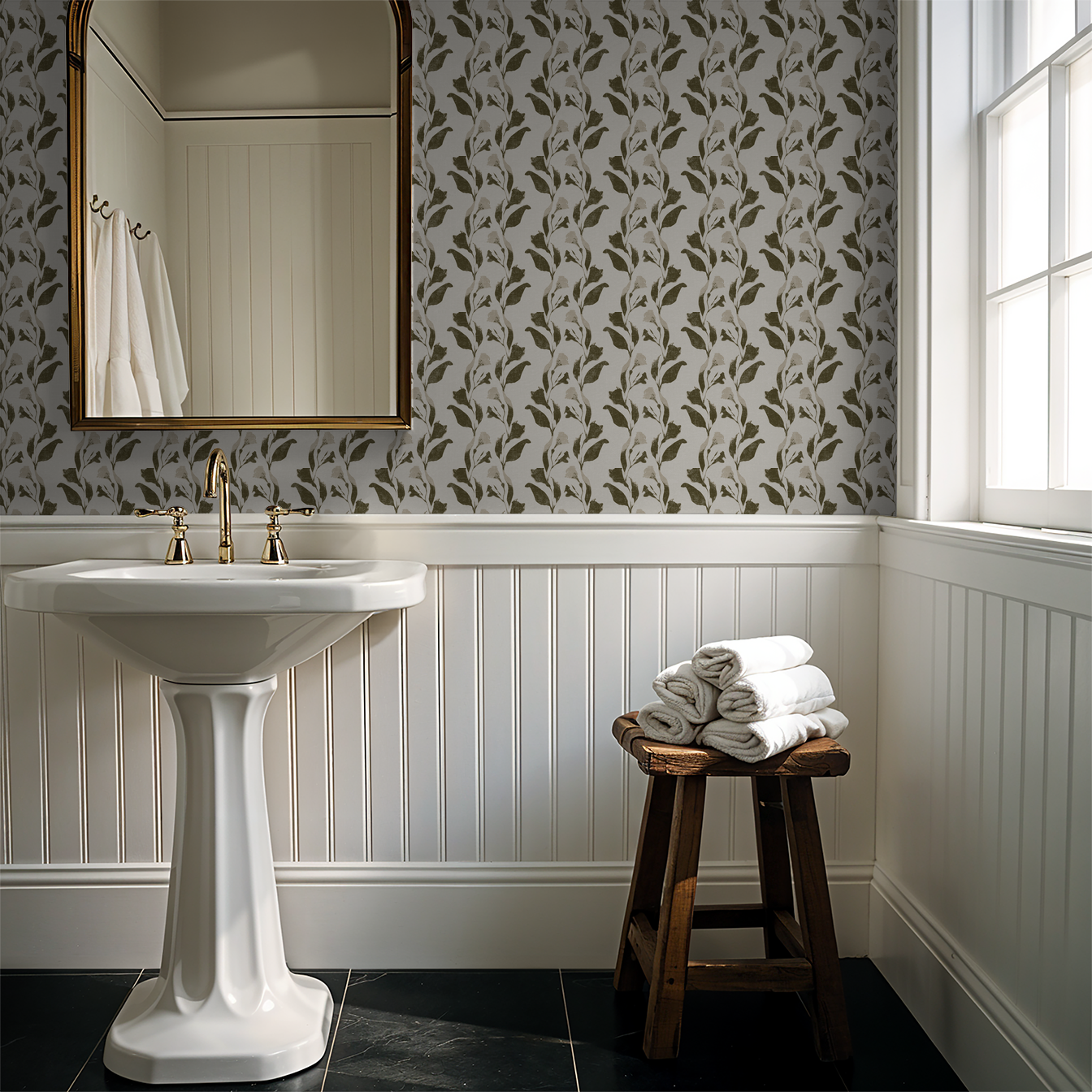 Botanical vine olive on cream wallpaper in elegant bathroom setting.