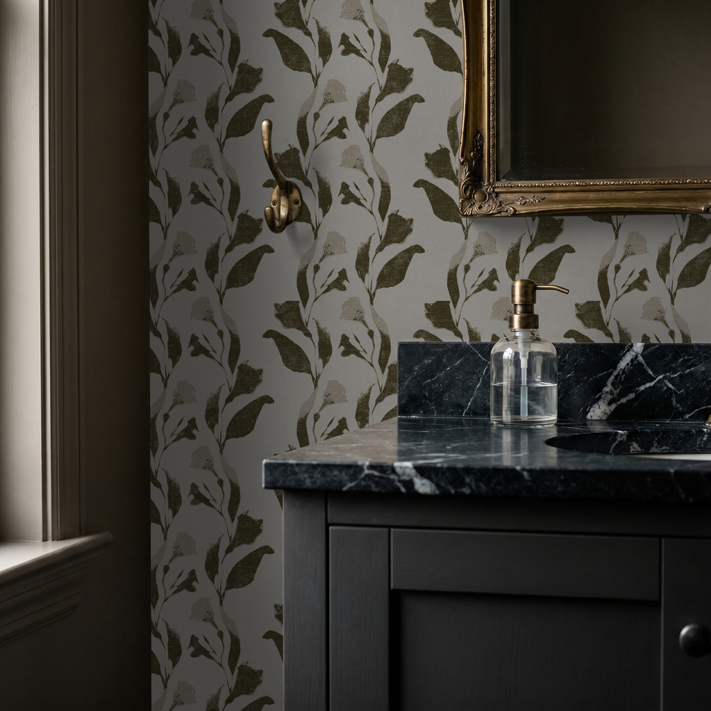 Botanical vine olive on cream wallpaper in elegant bathroom setting.