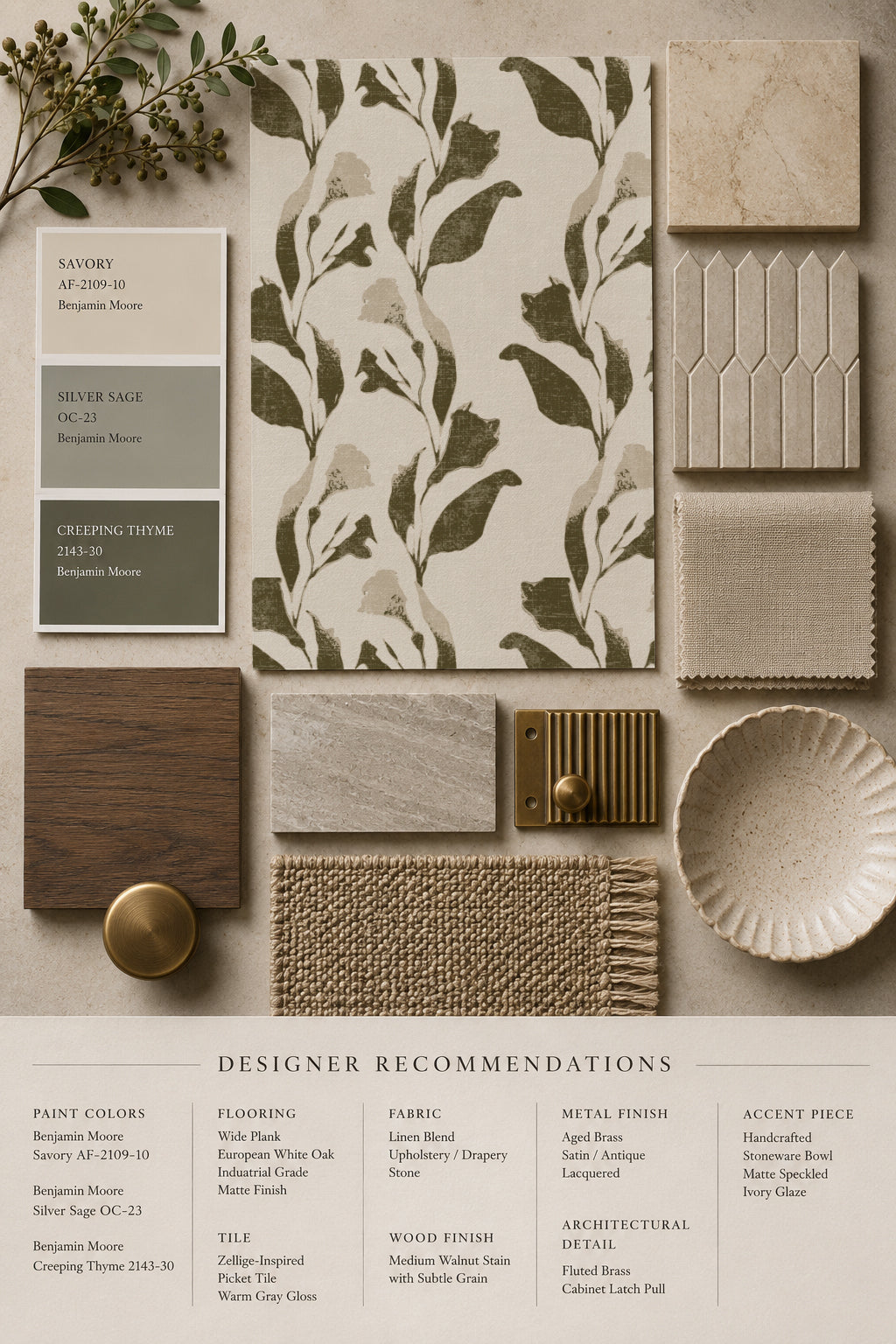 Botanical vine wallpaper with olive leaves on cream, surrounded by neutral decor samples.