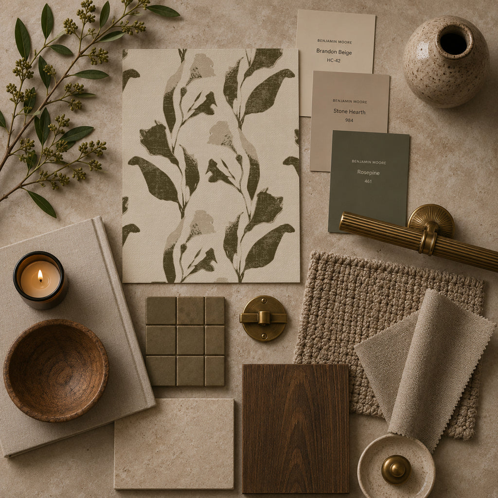 Botanical vine olive on cream wallpaper with decor samples in natural tones.