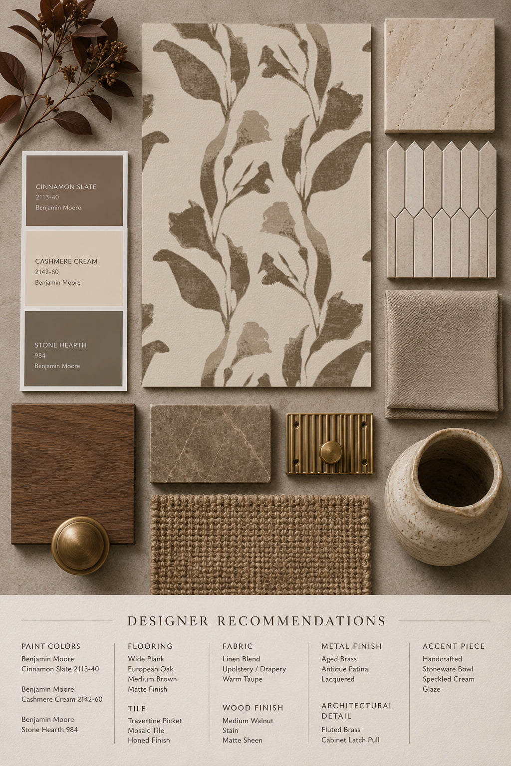 Botanical vine taupe on cream wallpaper with design materials and color swatches.