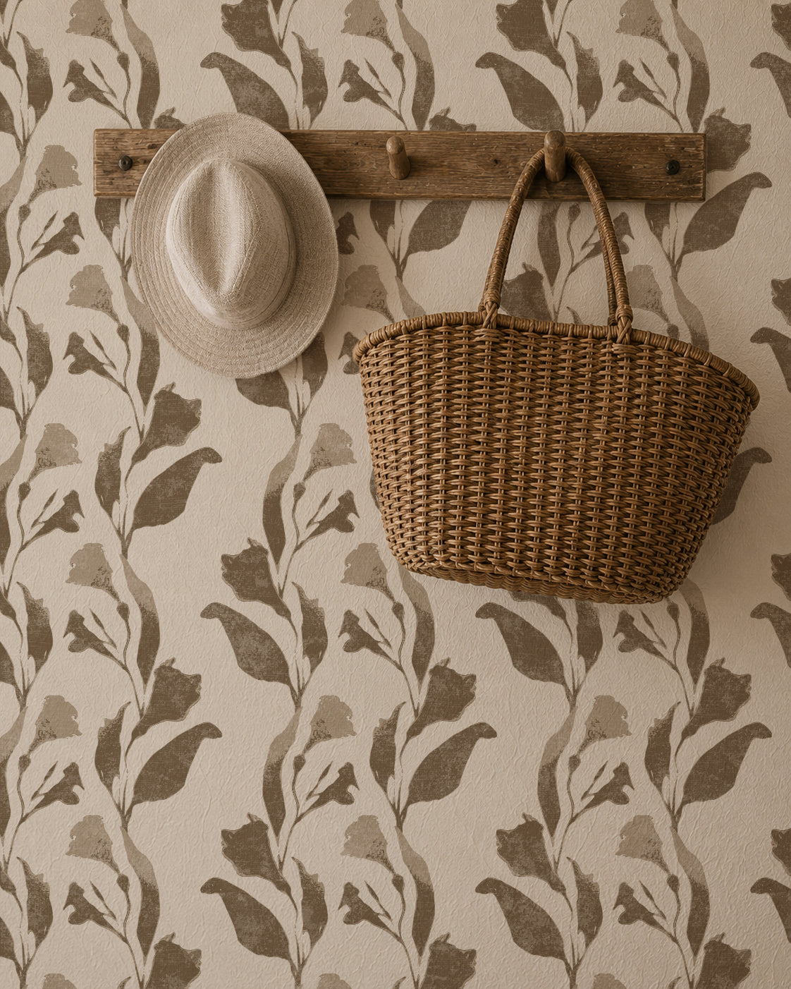 Botanical vine taupe on cream wallpaper with hat and basket decor.