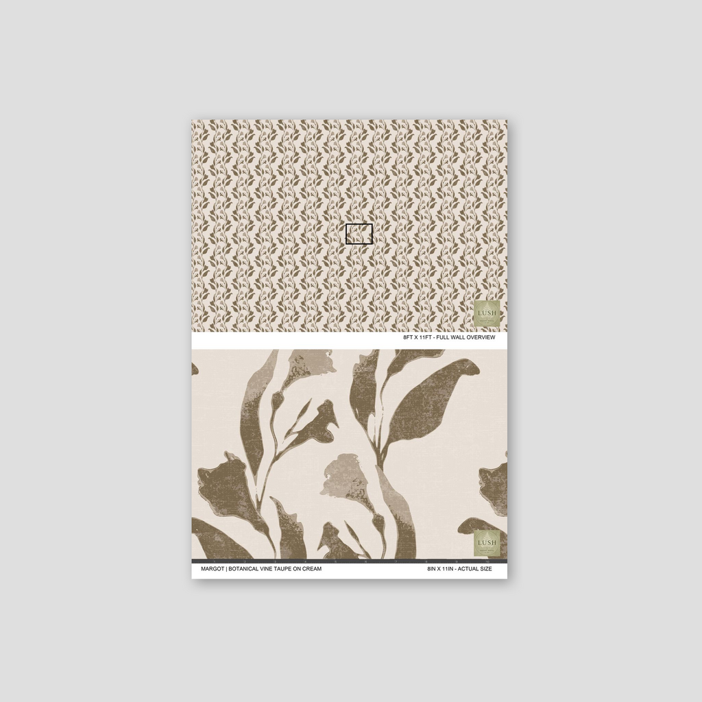 Botanical vine taupe on cream wallpaper sample with sepia tones.