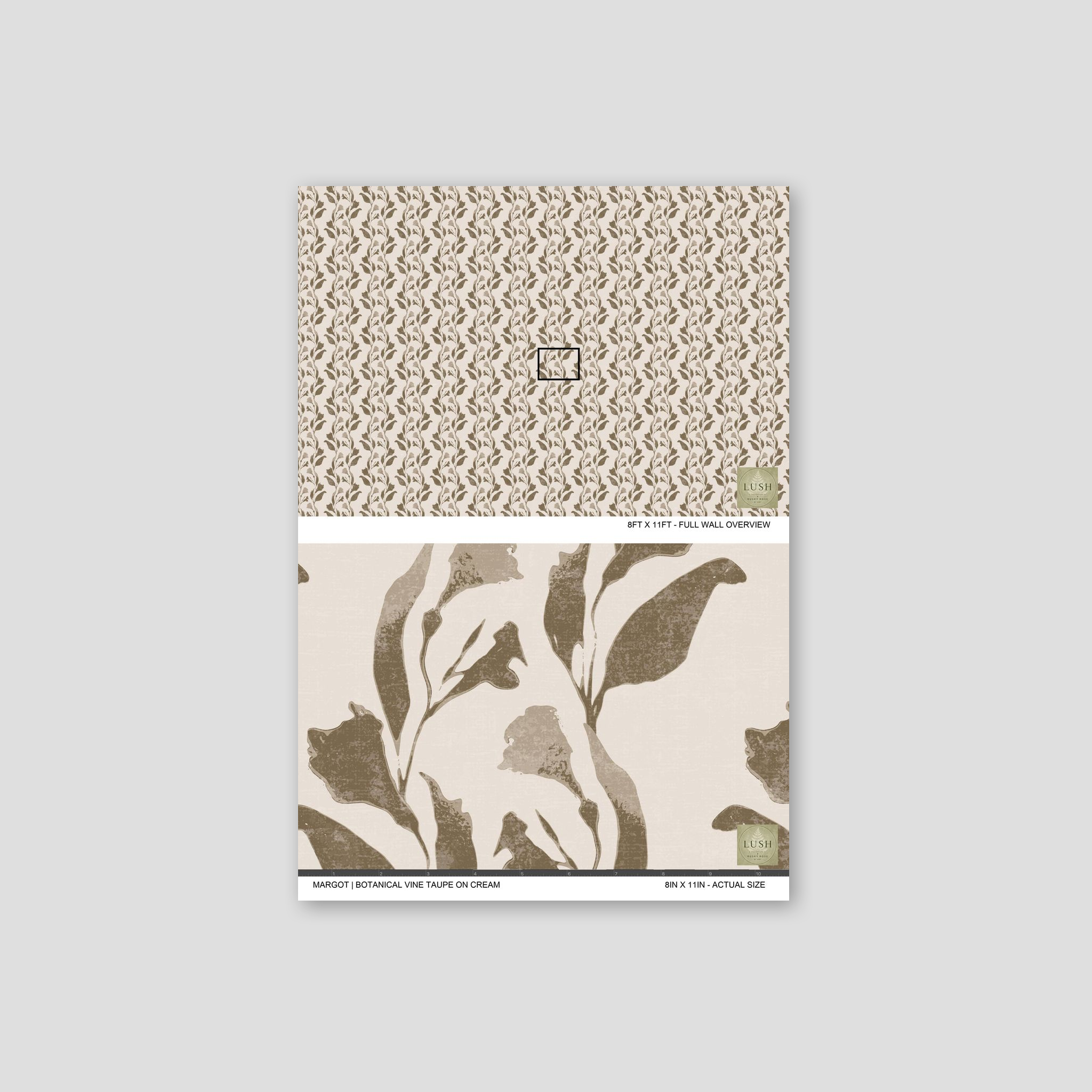 Botanical vine taupe on cream wallpaper sample with sepia tones.