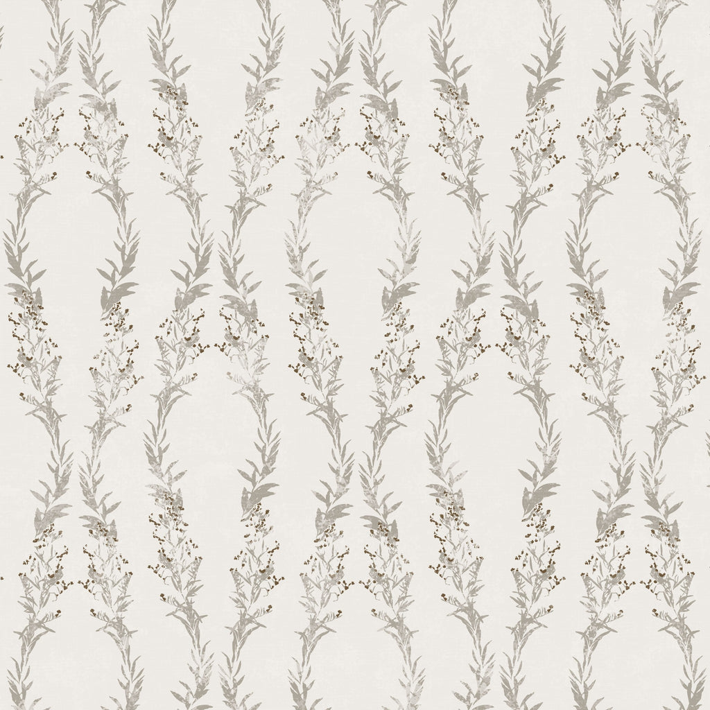 Elegant botanical wallpaper with muted gray and brown floral motifs on a light background.