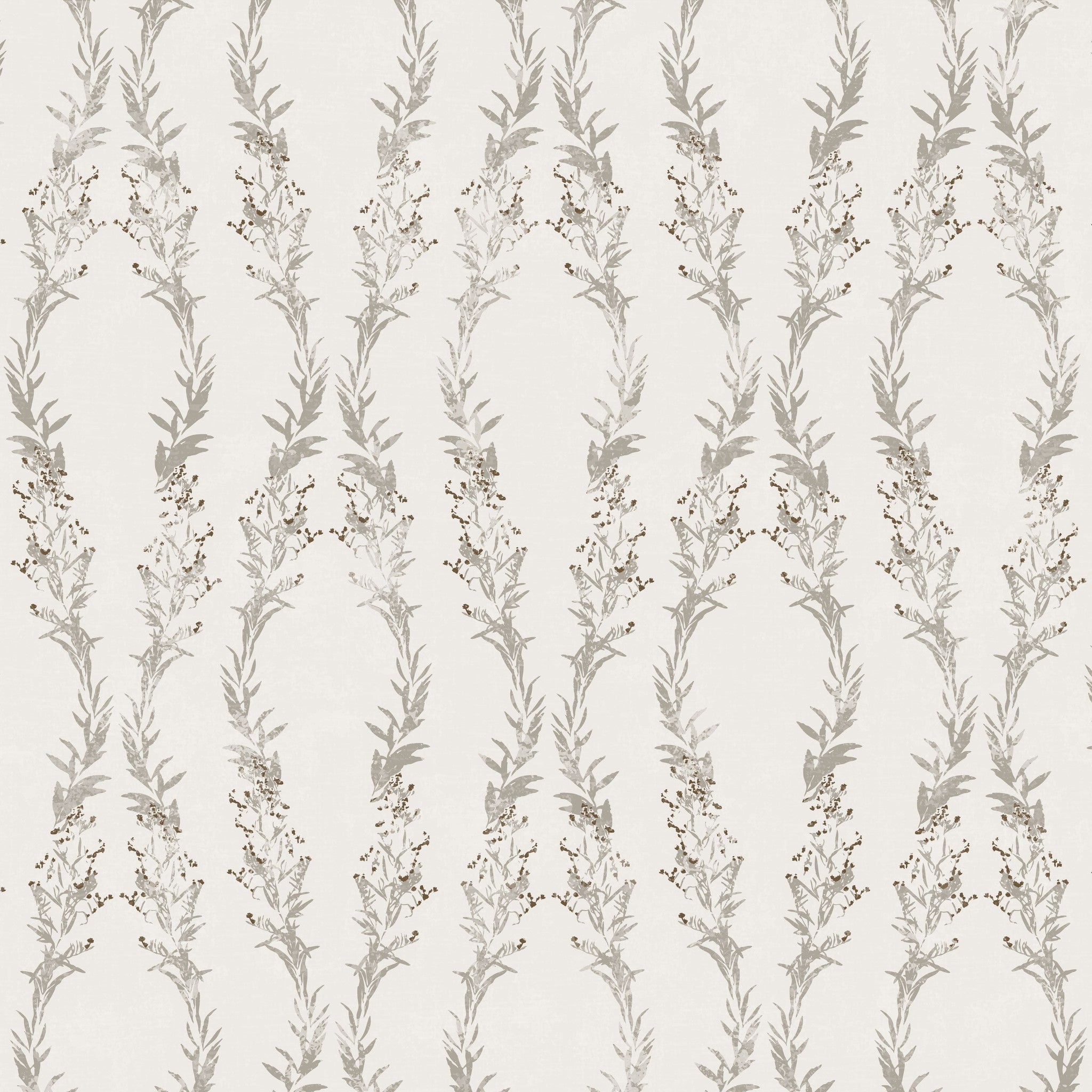Elegant botanical wallpaper with muted gray and brown floral motifs on a light background.