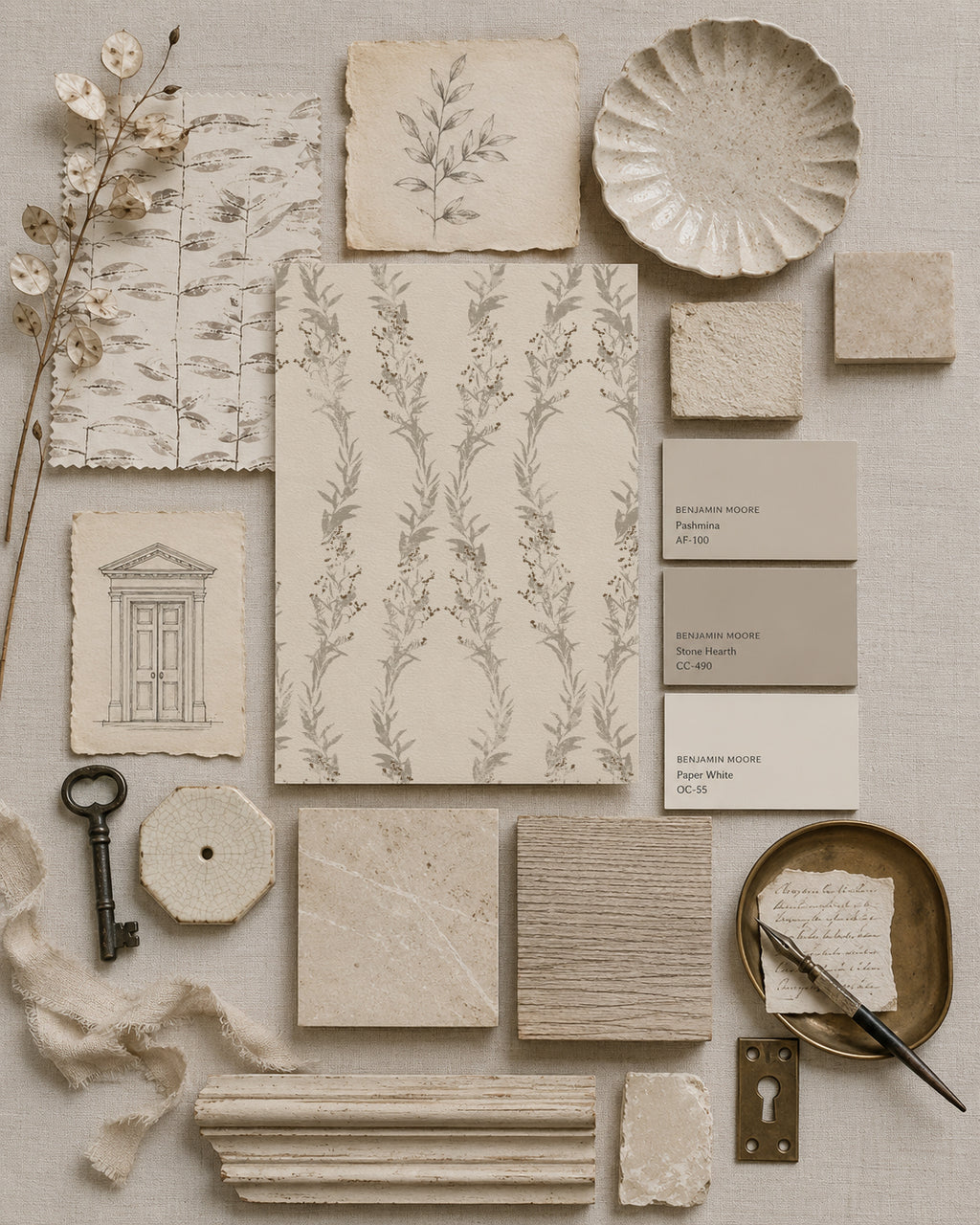 Botanical wallpaper sample with floral motifs in muted grays and browns, surrounded by vintage decor elements.