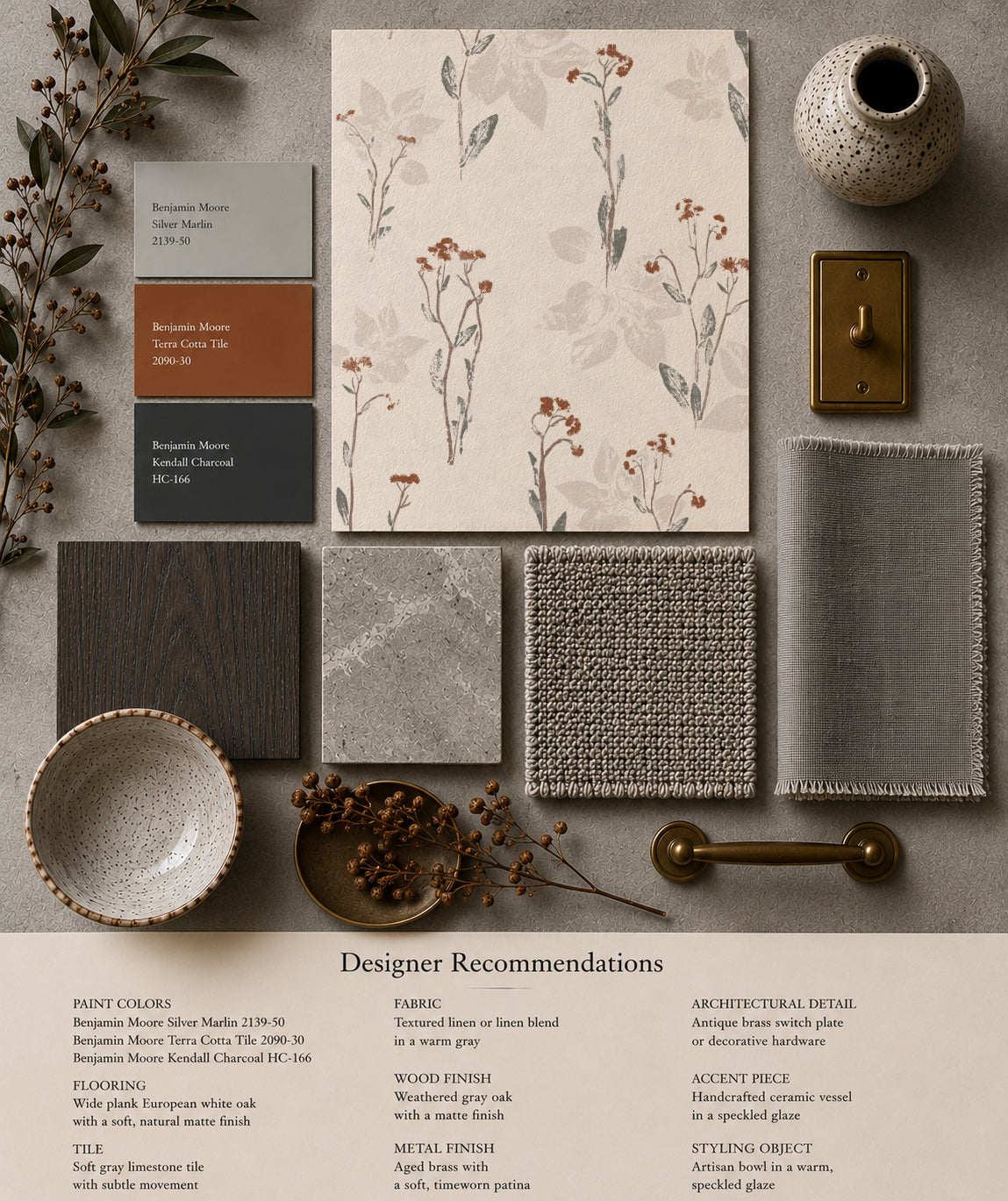 Bramble Wildflower wallpaper sample with muted floral design and coordinating decor elements.
