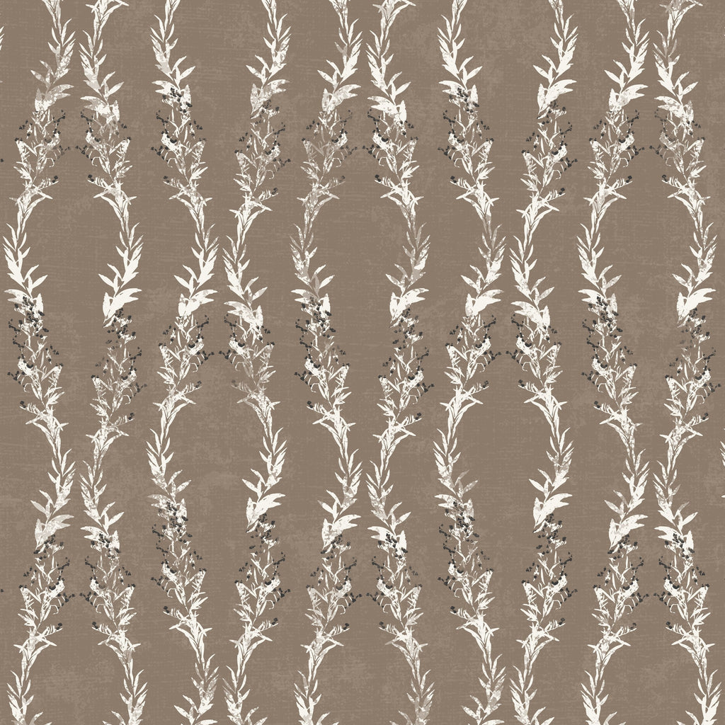 Brown botanical wallpaper with vertical vine pattern and taupe backdrop.