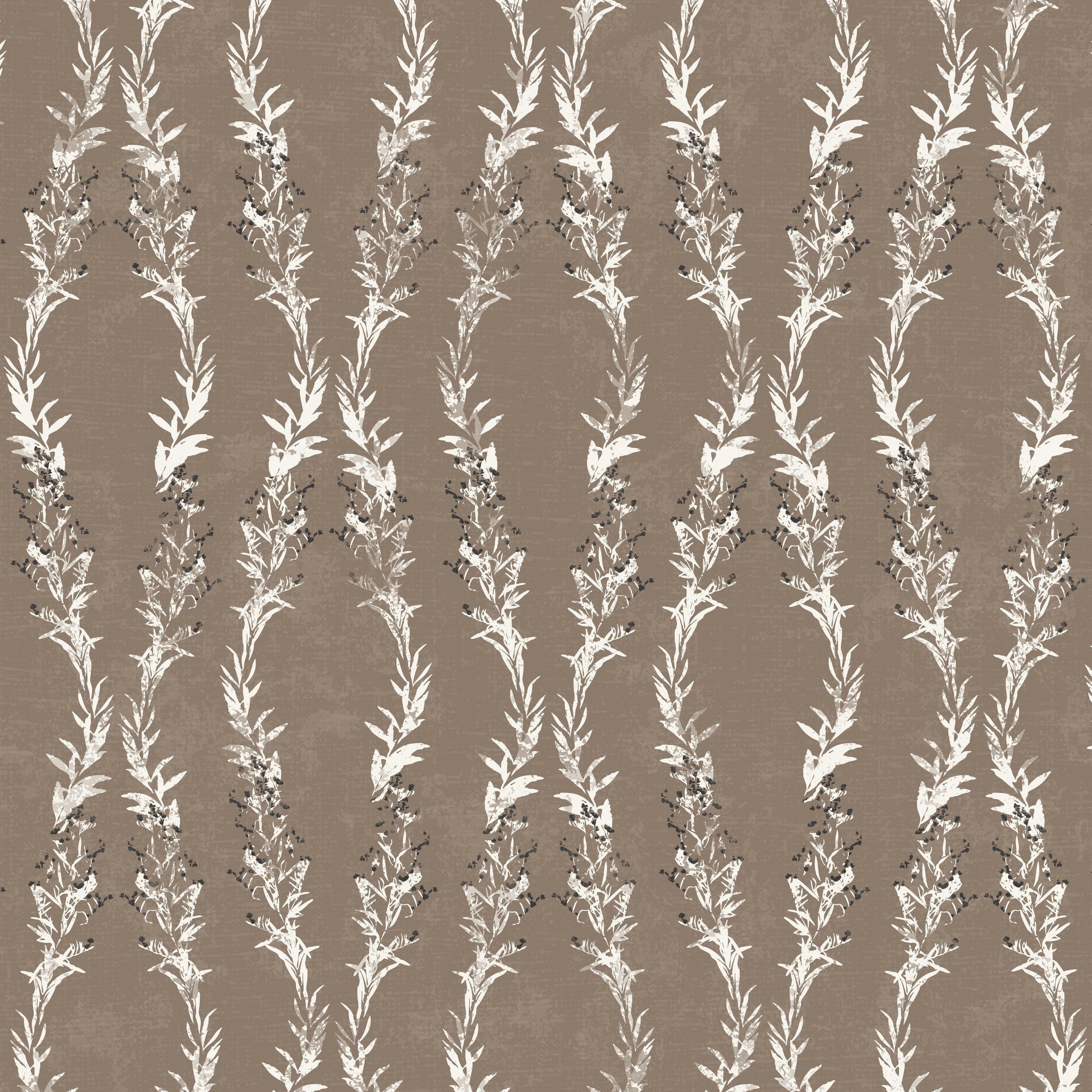 Brown botanical wallpaper with vertical vine pattern and taupe backdrop.