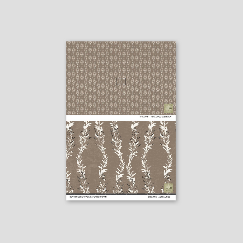Brown botanical wallpaper with taupe backdrop and vertical vines.