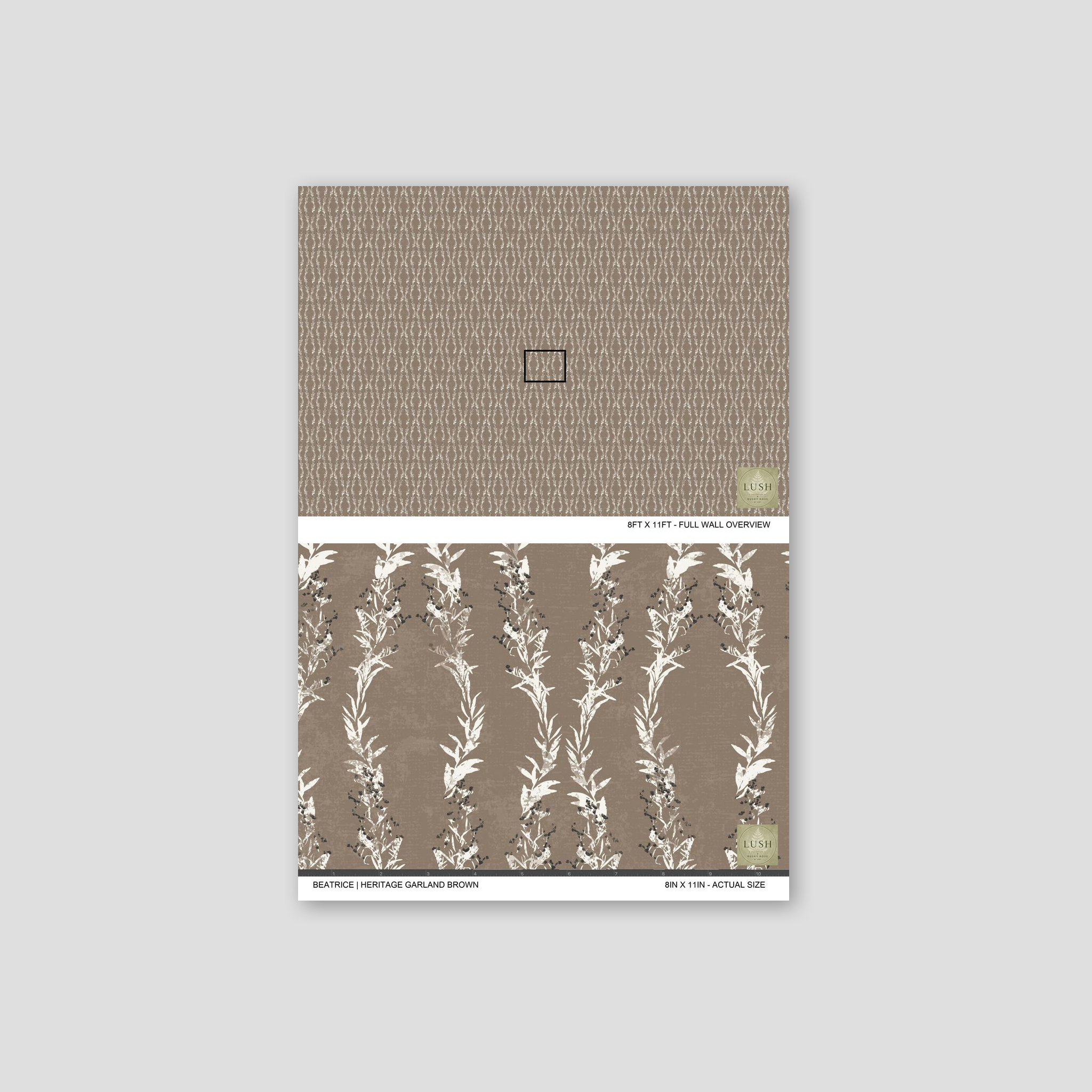 Brown botanical wallpaper with taupe backdrop and vertical vines.