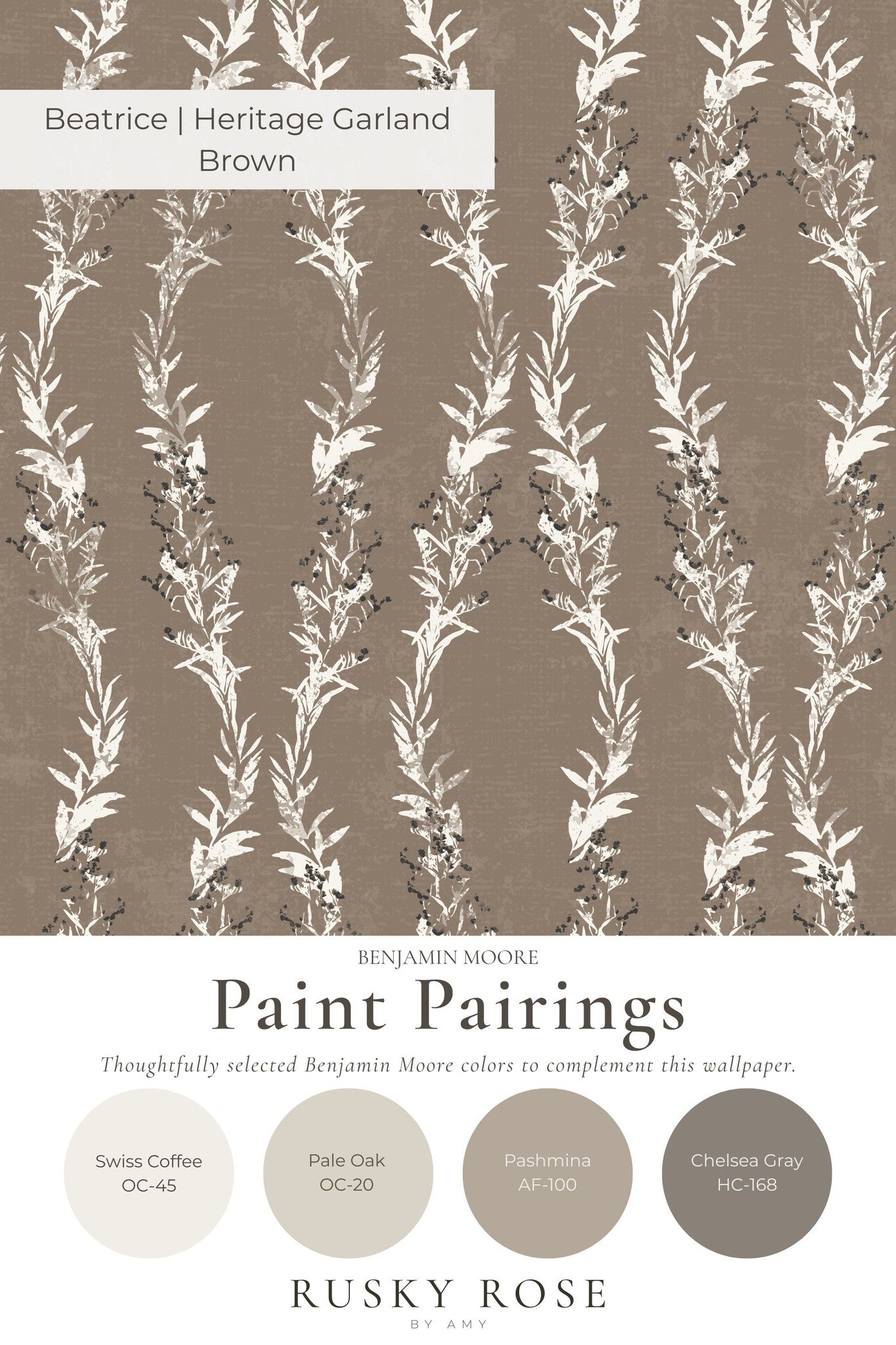 Brown botanical wallpaper with vertical vines and taupe background.