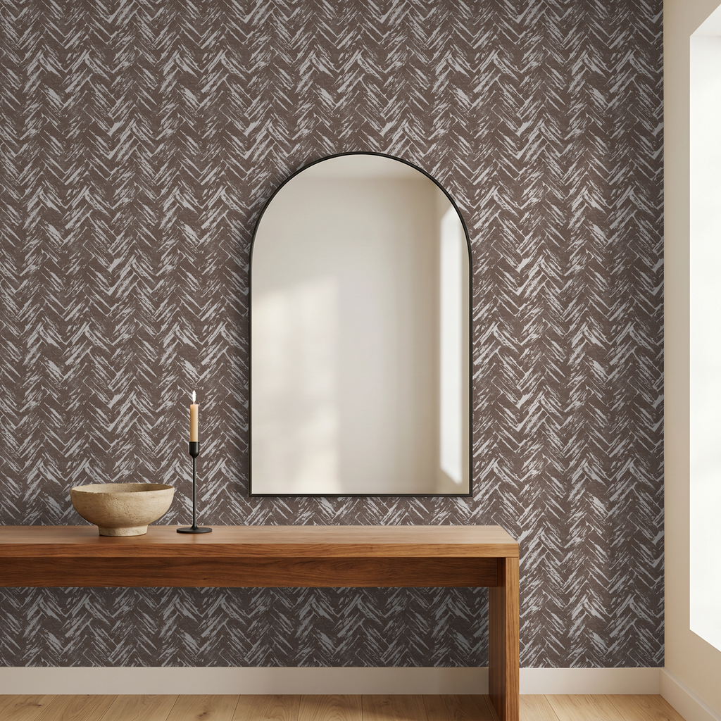 Brown brush herringbone wallpaper in a modern room with wooden table and mirror.