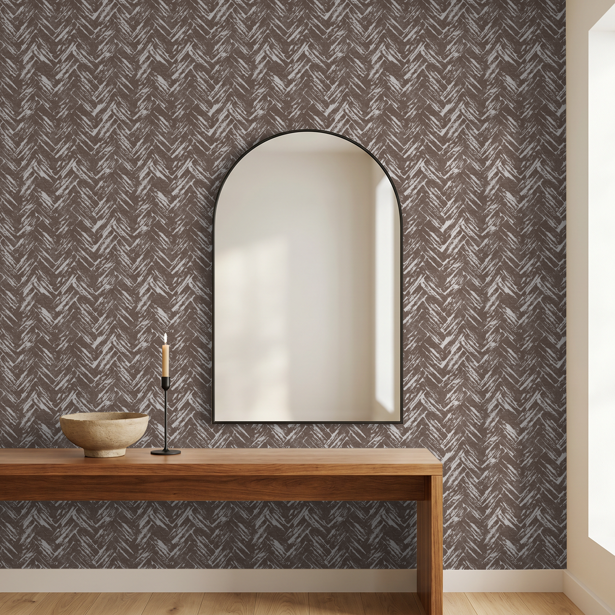 Brown brush herringbone wallpaper in a modern room with wooden table and mirror.