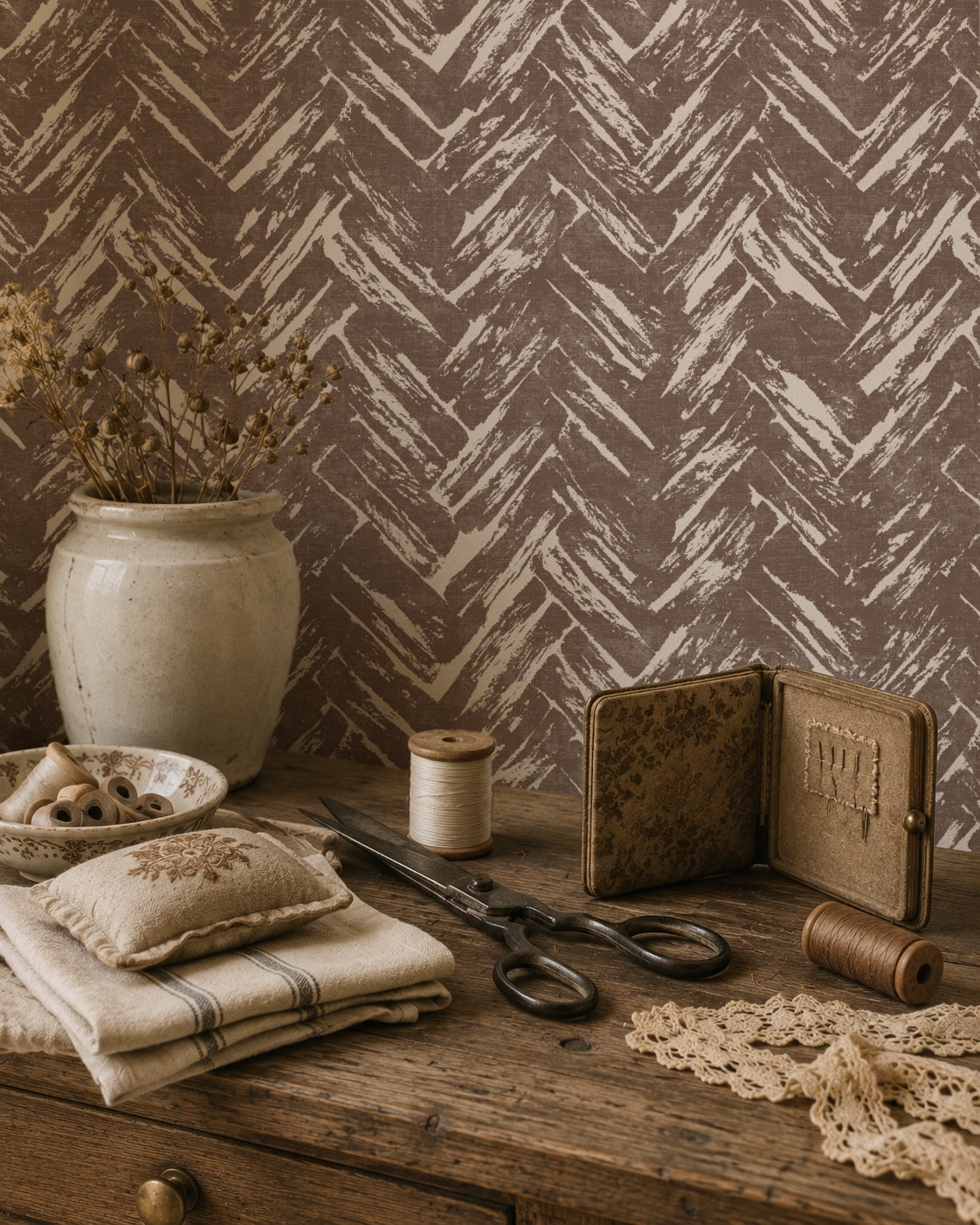 Brown brush herringbone wallpaper in rustic setting with vintage decor.