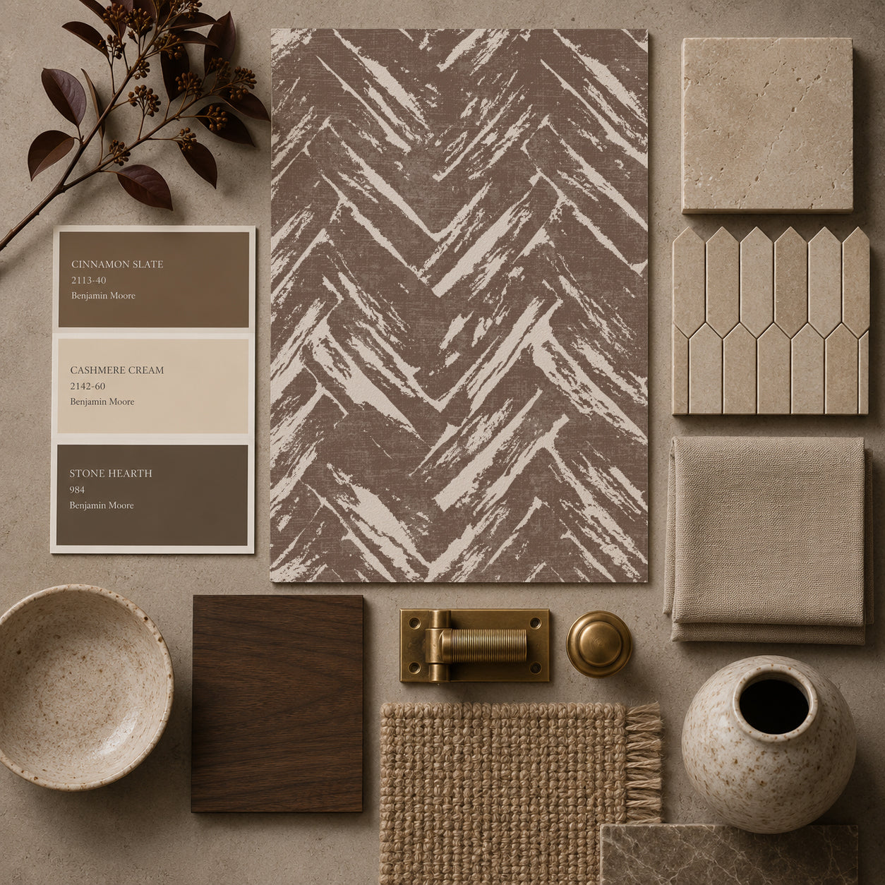 Brown brush herringbone wallpaper sample with rustic decor elements.