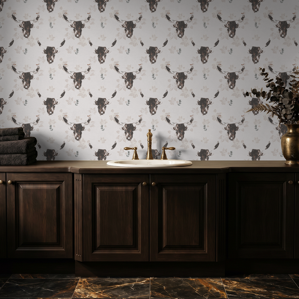 Rustic bathroom with brown and cream bull motif wallpaper and dark wood vanity.