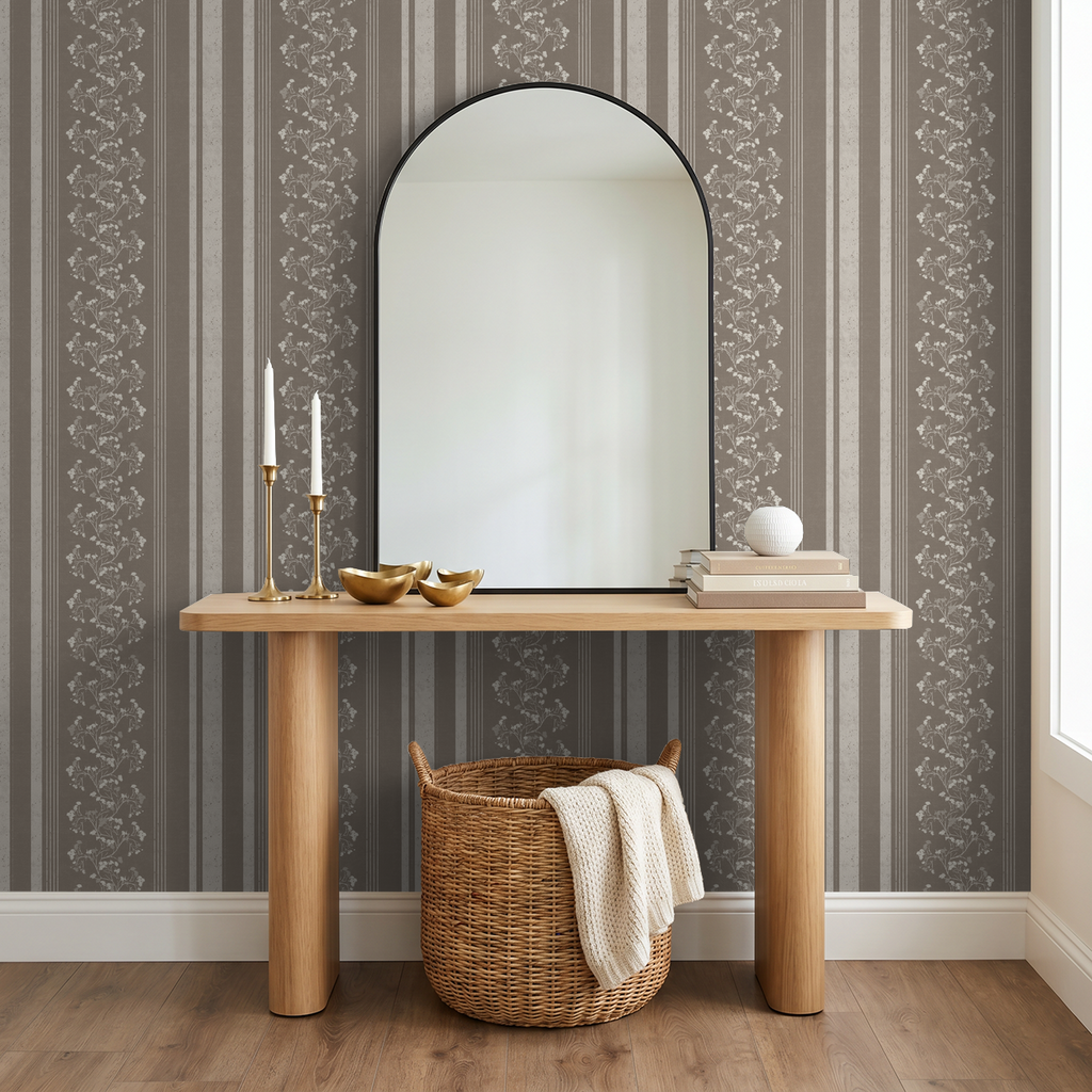 Brown floral stripe wallpaper in elegant room with mirror and wooden table.