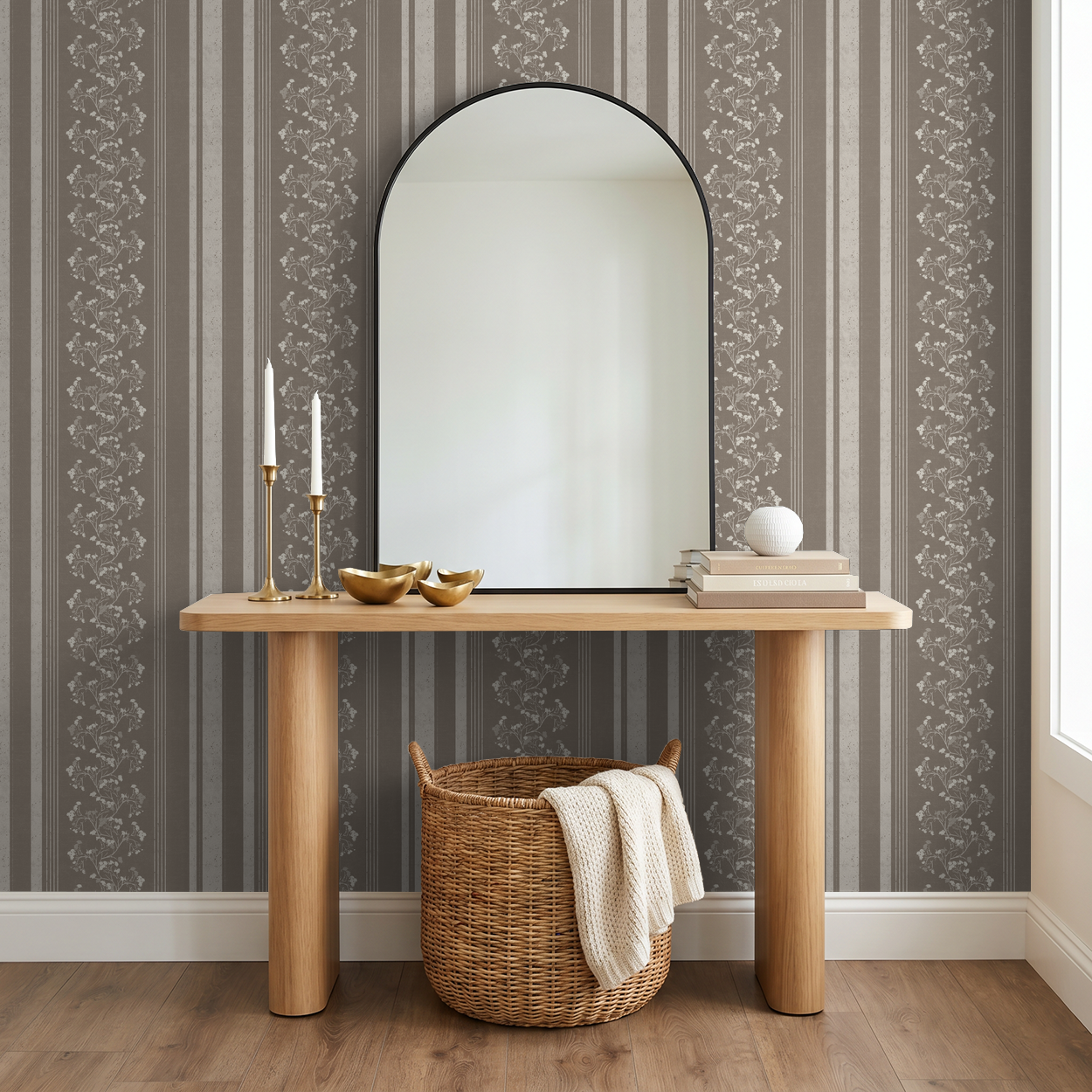 Brown floral stripe wallpaper in elegant room with mirror and wooden table.