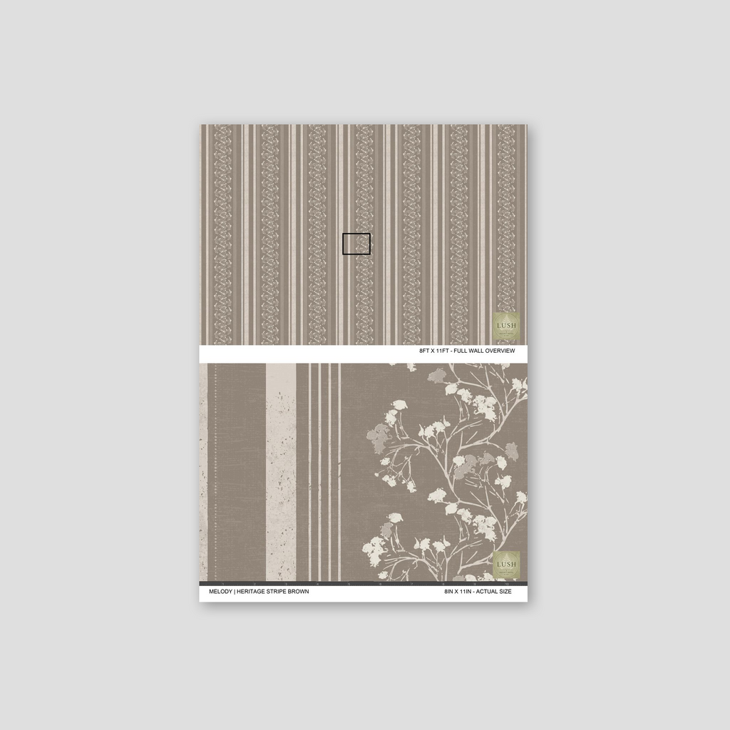 Brown floral stripe wallpaper sample with vintage botanical design.