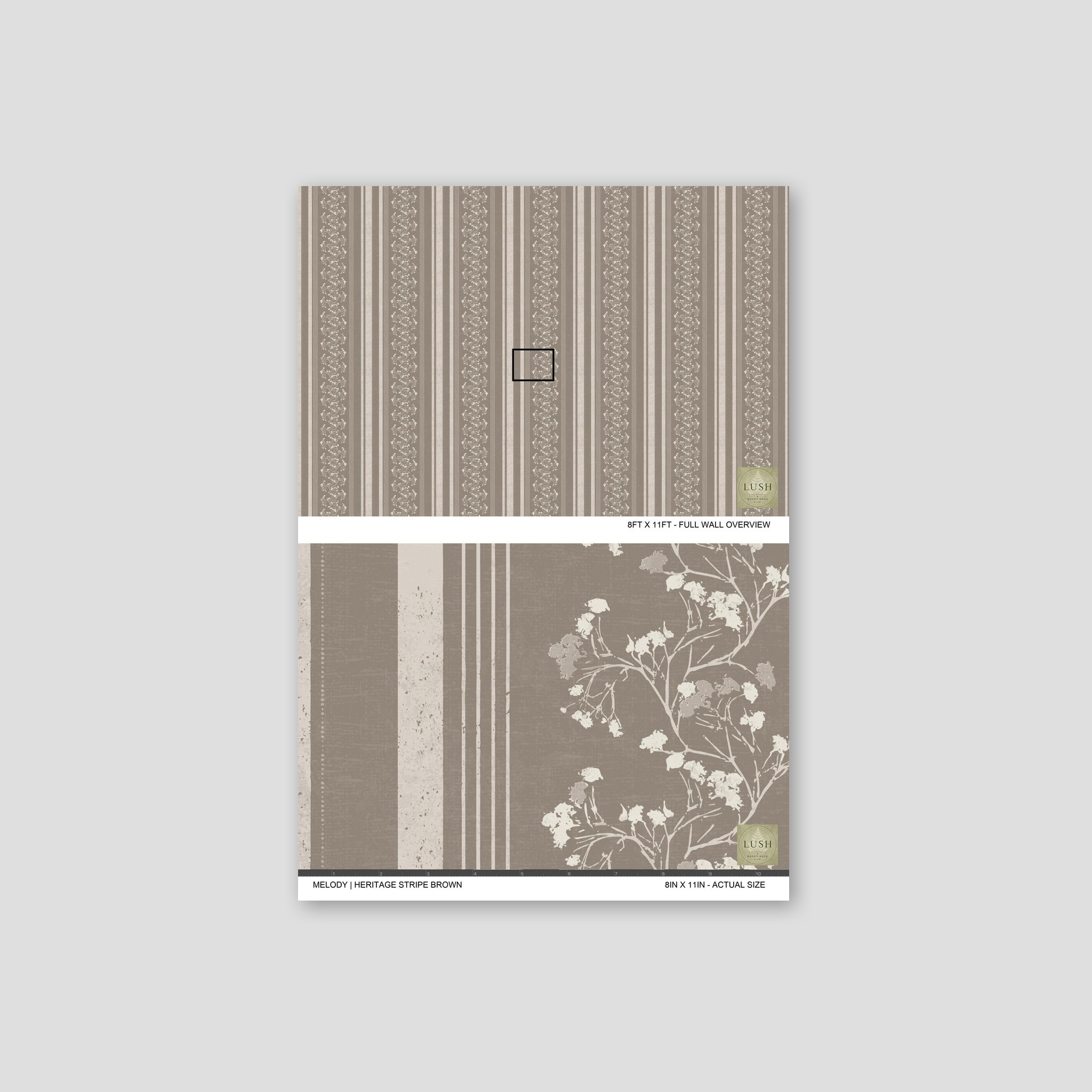 Brown floral stripe wallpaper sample with vintage botanical design.
