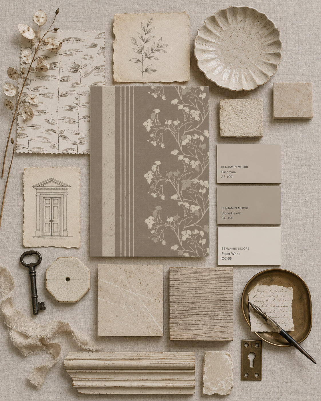 Brown floral stripe wallpaper sample with vintage decor elements.