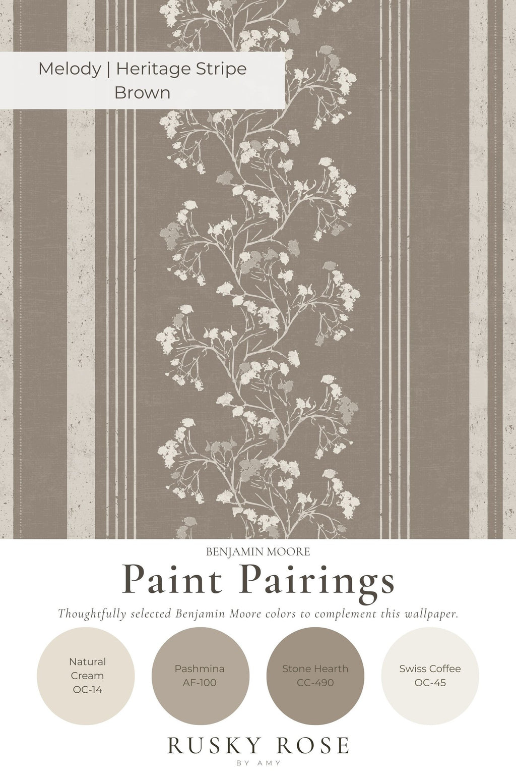 Brown floral and stripe wallpaper with paint pairings in a vintage style.