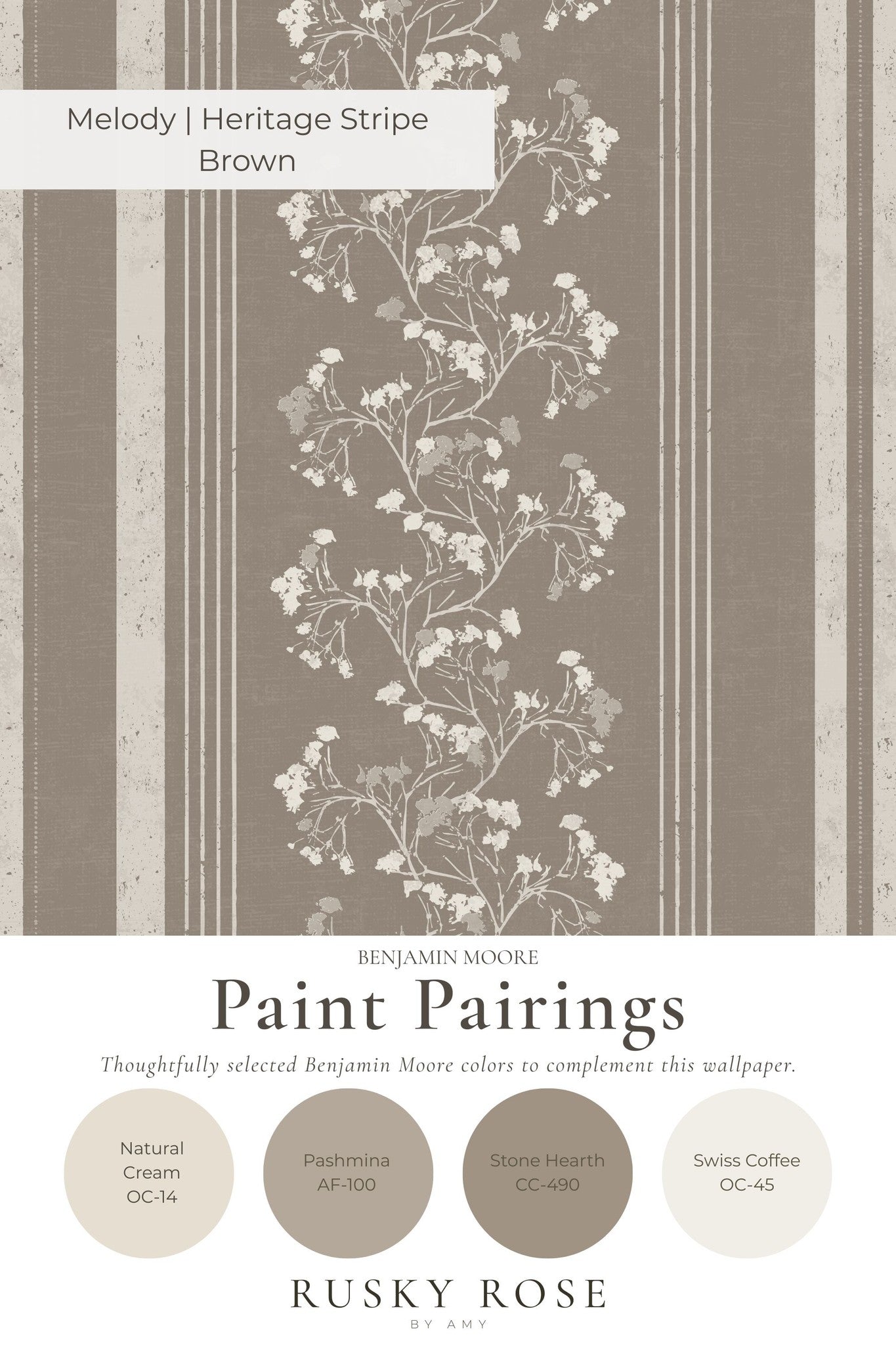 Brown floral and stripe wallpaper with paint pairings in a vintage style.