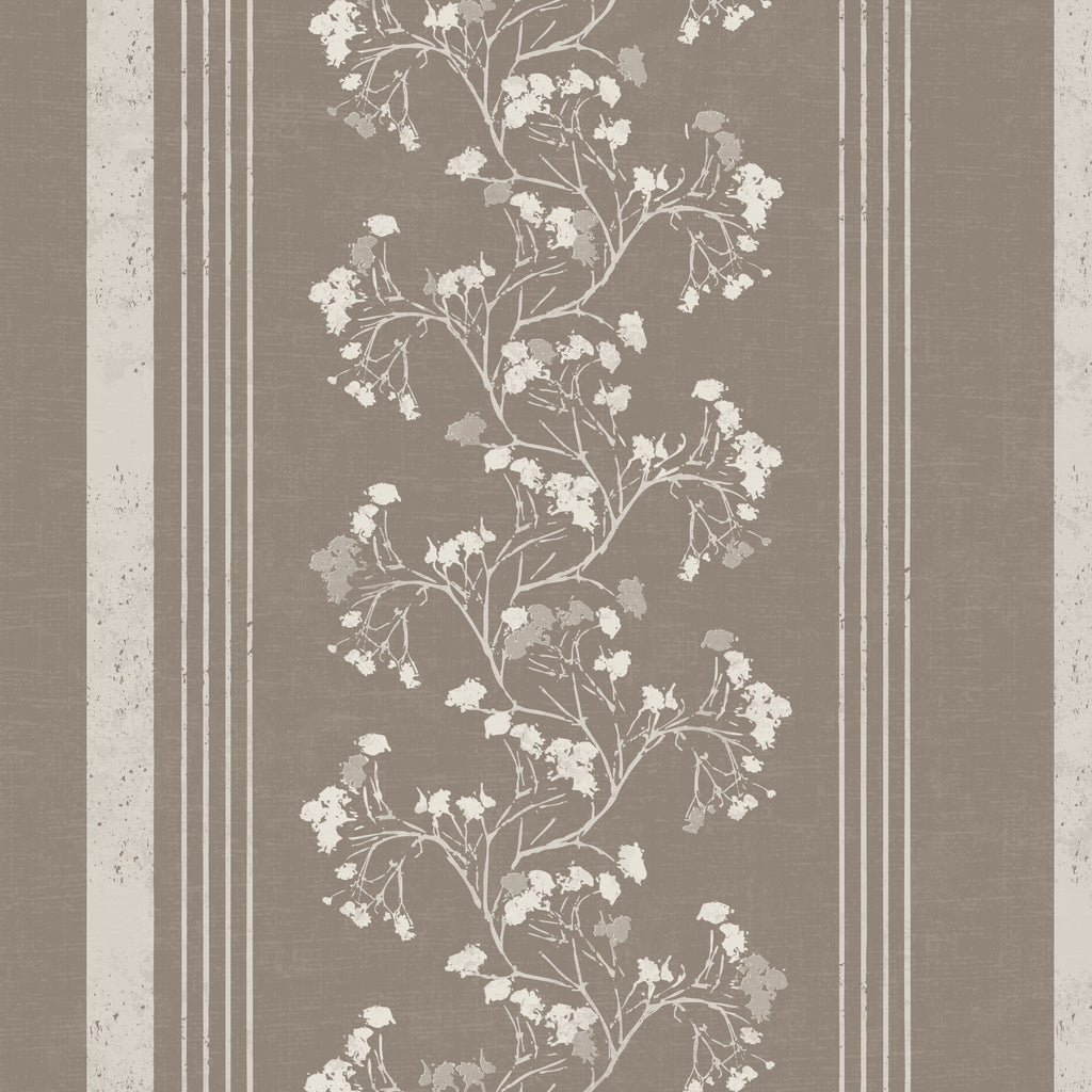 Brown floral stripe wallpaper with delicate cream flowers and classic vintage style.