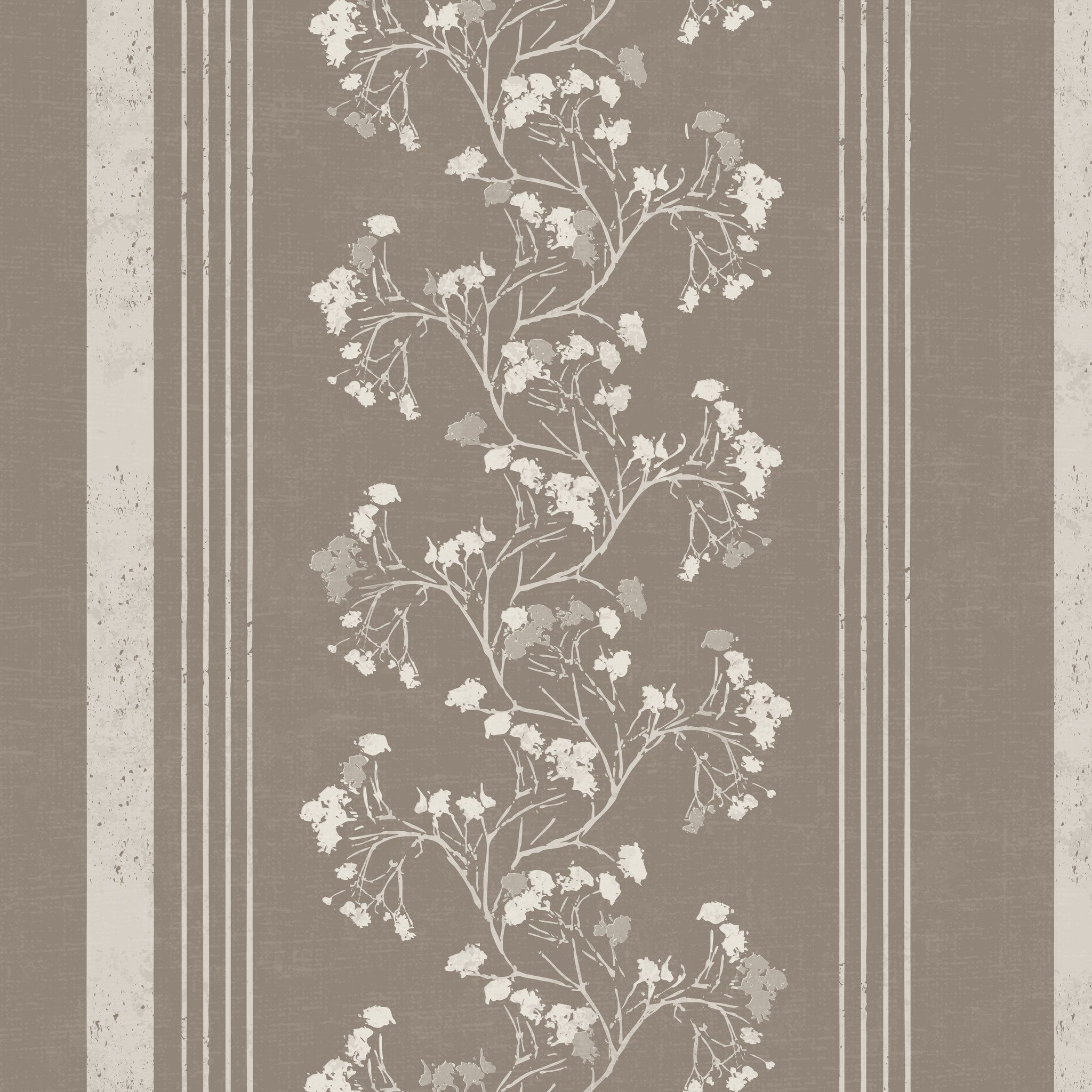 Brown floral stripe wallpaper with delicate cream flowers and classic vintage style.