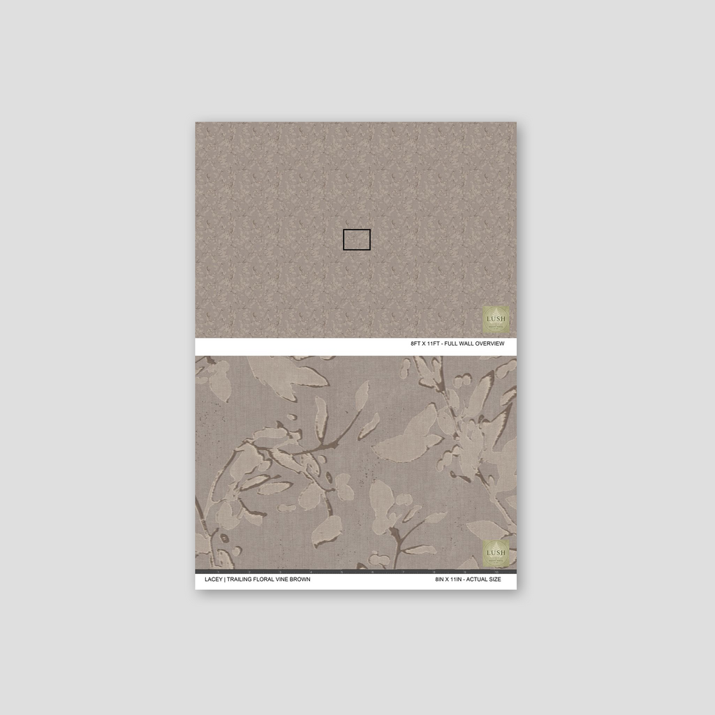 Brown floral vine wallpaper with taupe and cream pattern, textured sample.