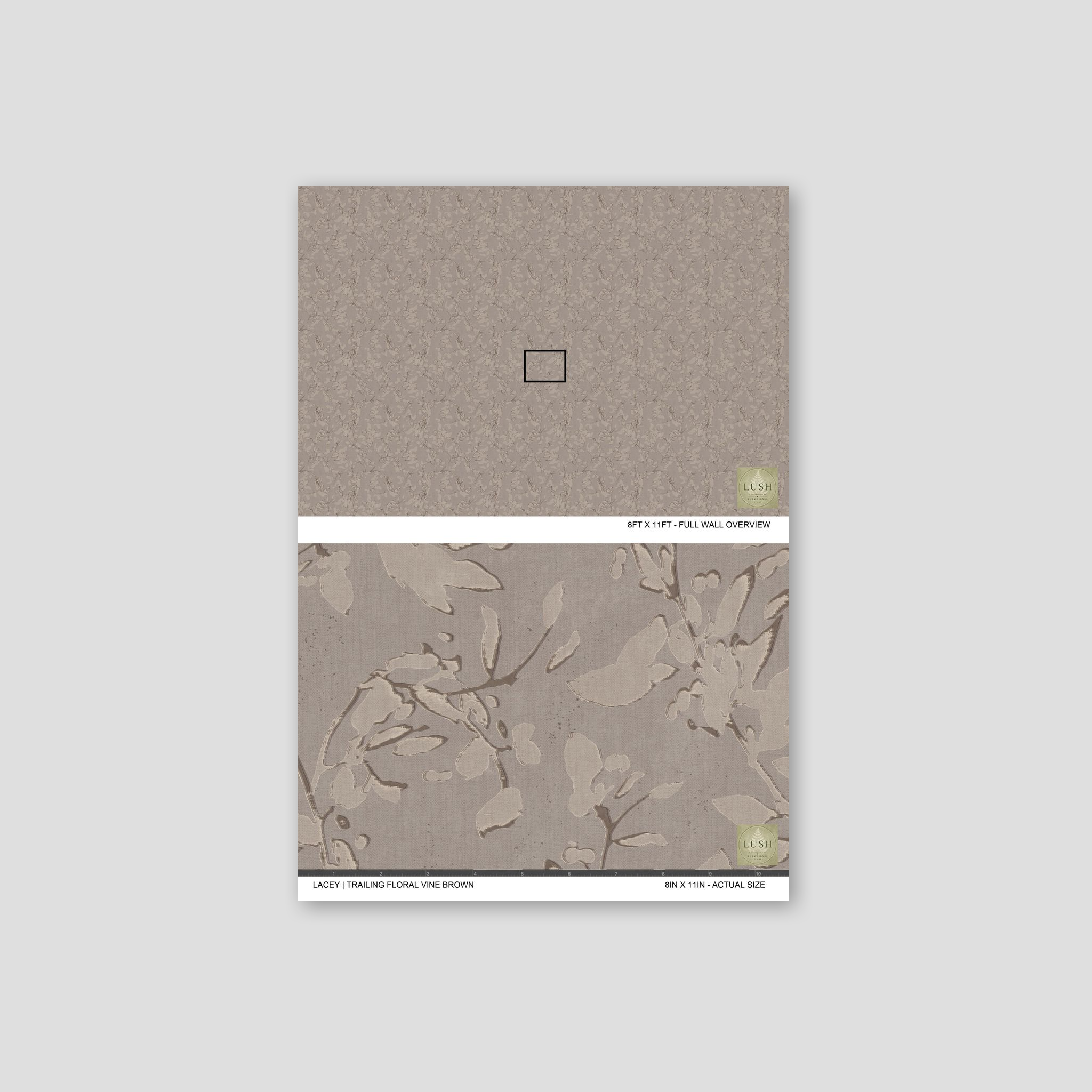 Brown floral vine wallpaper with taupe and cream pattern, textured sample.