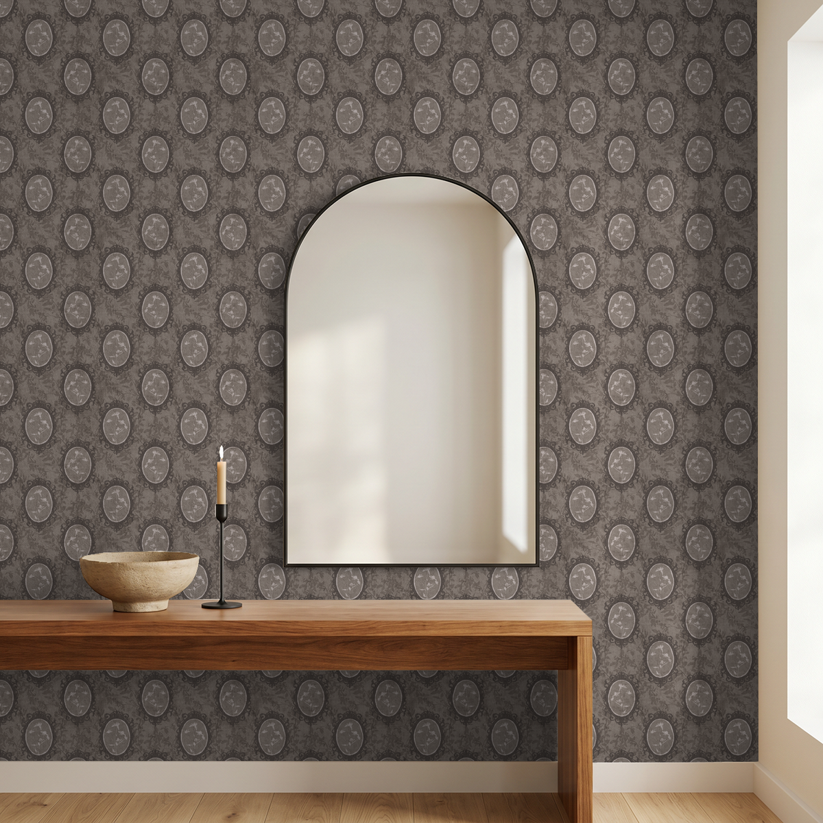 Vintage brown floral wallpaper with oval frames in a modern room setting.