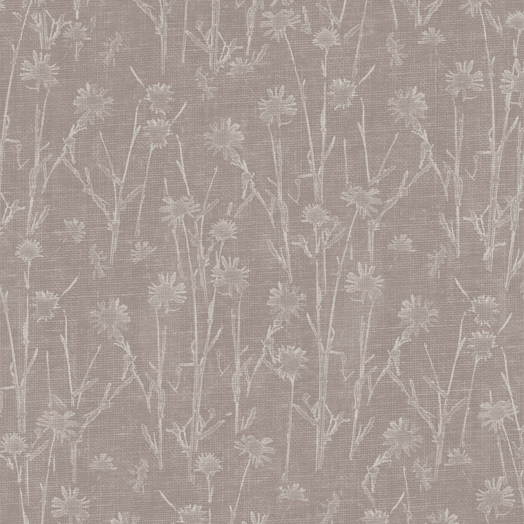 Brown floral wallpaper with delicate white wildflower pattern, textured surface.