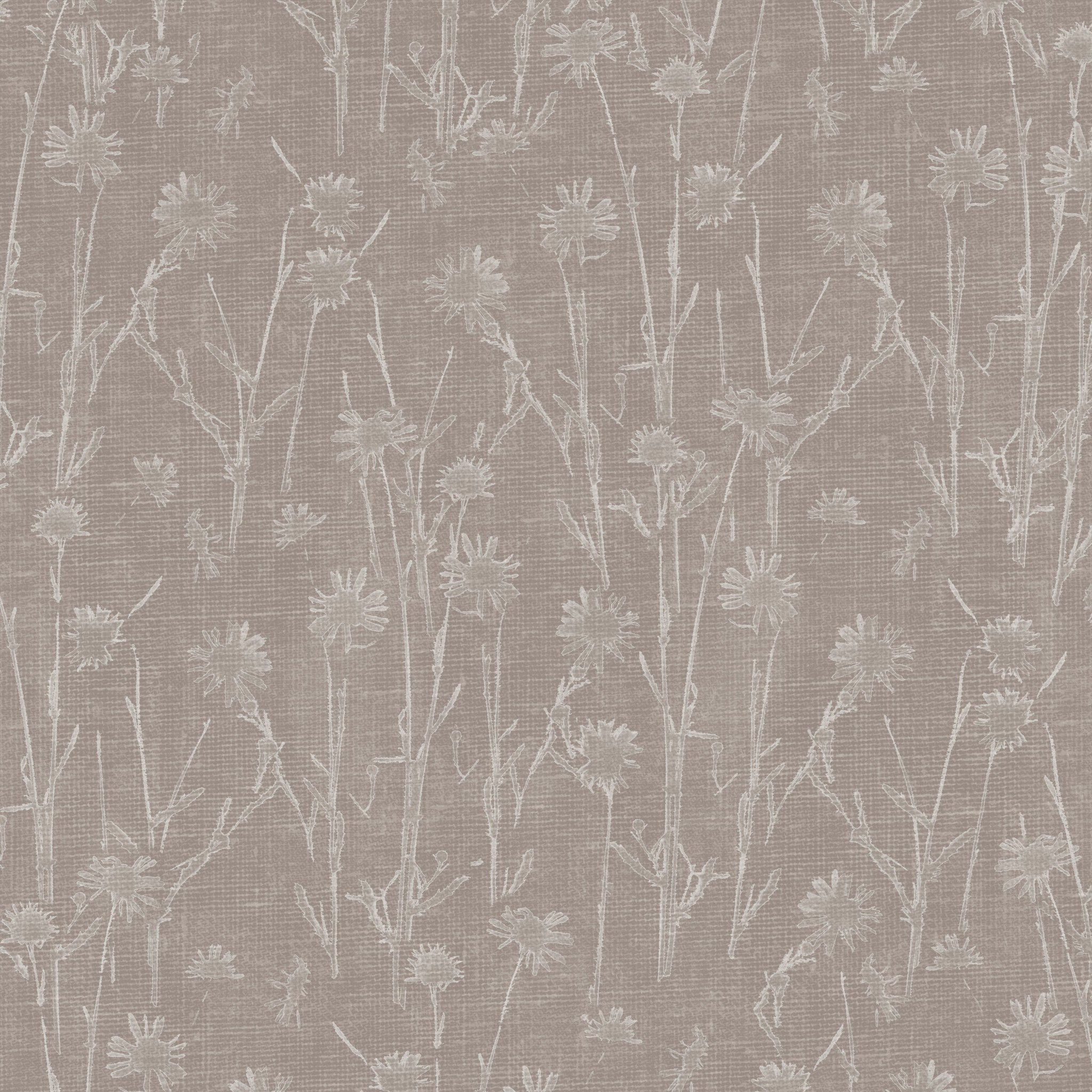 Brown floral wallpaper with delicate white wildflower pattern, textured surface.