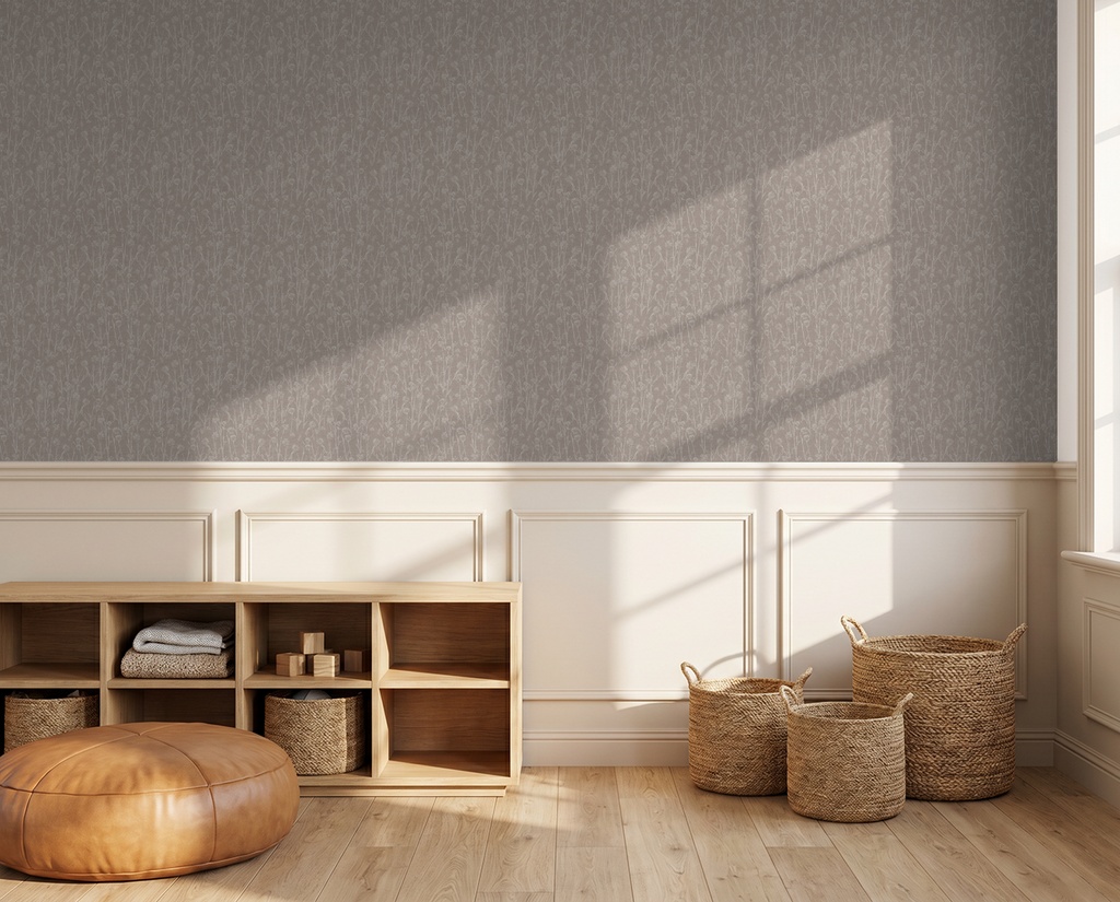 Brown floral wallpaper with subtle wildflower pattern in serene living room setting.