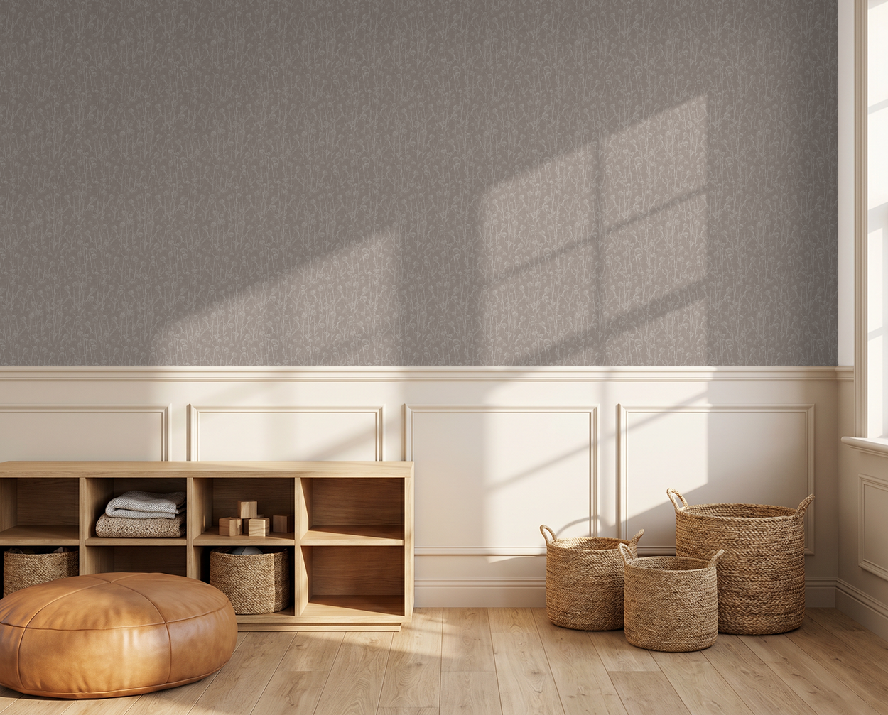 Brown floral wallpaper with subtle wildflower pattern in serene living room setting.