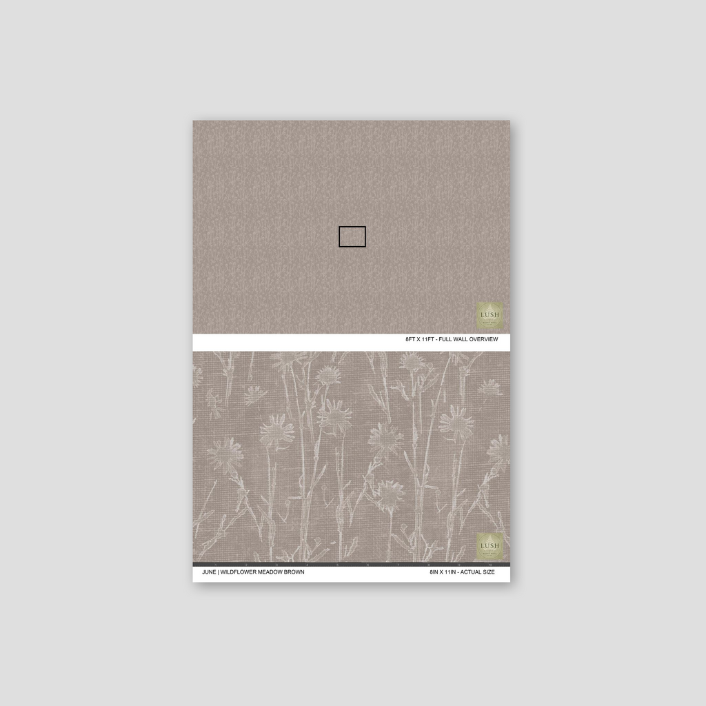Brown floral wallpaper with delicate wildflower pattern on taupe background.