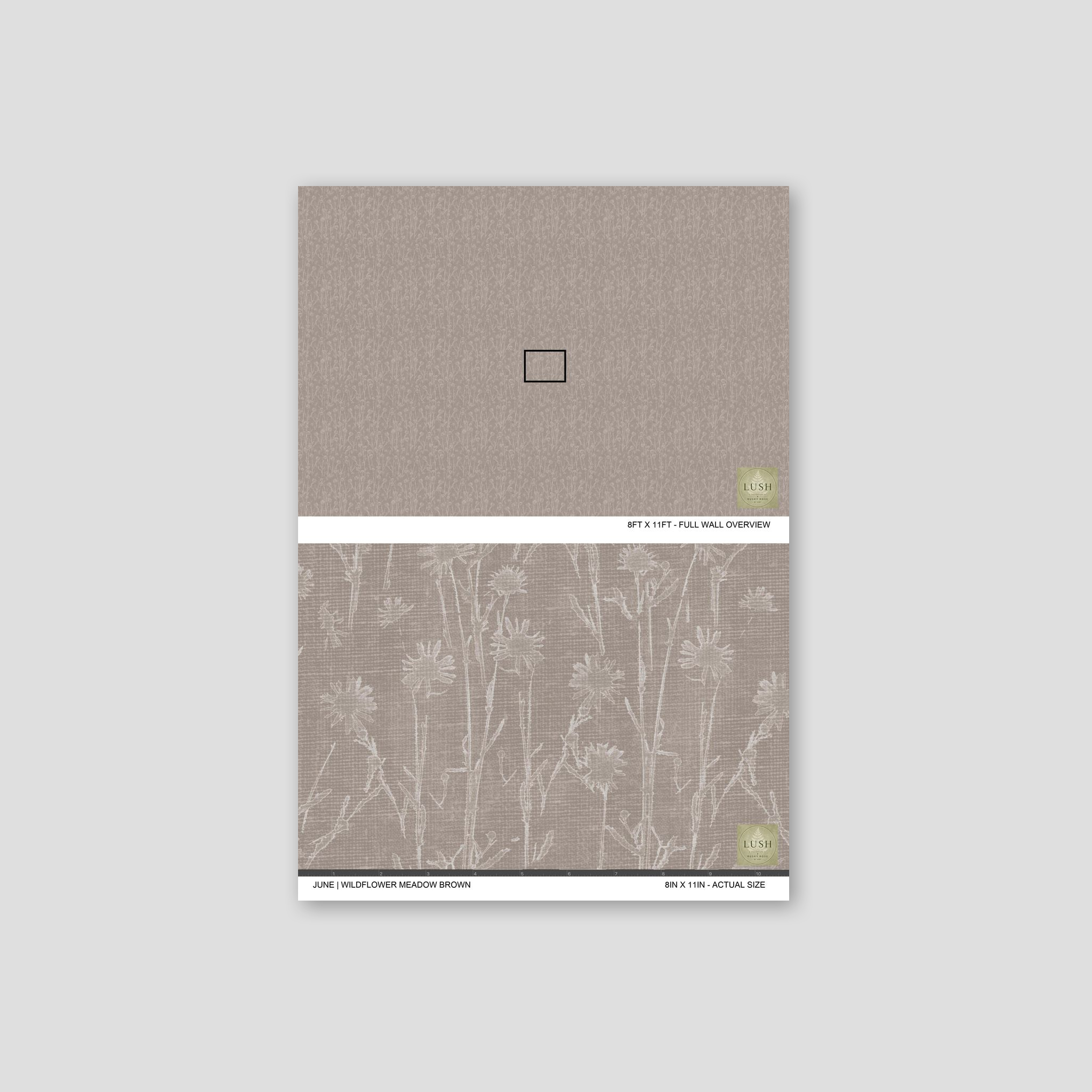 Brown floral wallpaper with delicate wildflower pattern on taupe background.